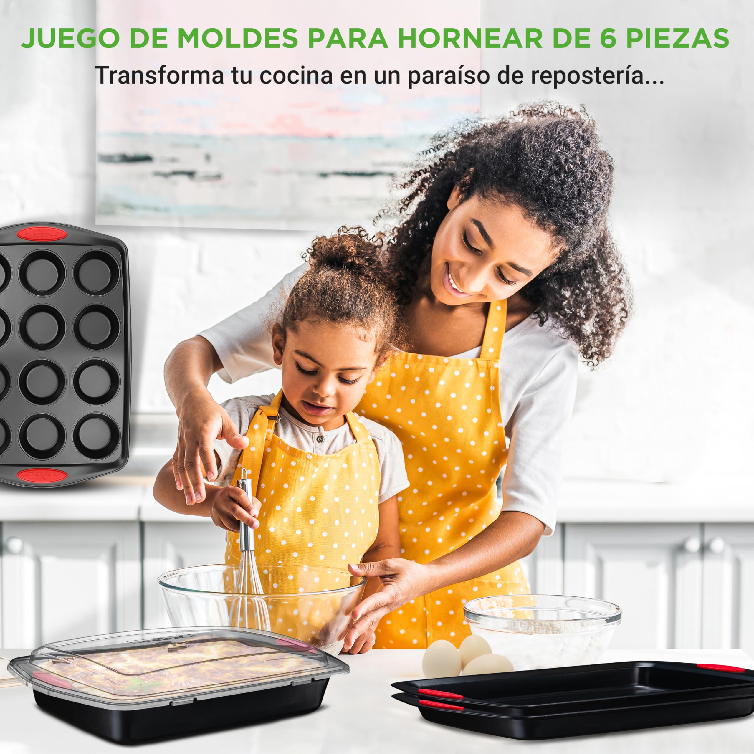 Nutrichef bandejas horno, Moldes, Antiadherentes, Libres de PFOA, PFOS y PTFE, Set profesional para cocina en casa, Apilables, Asas de silicona