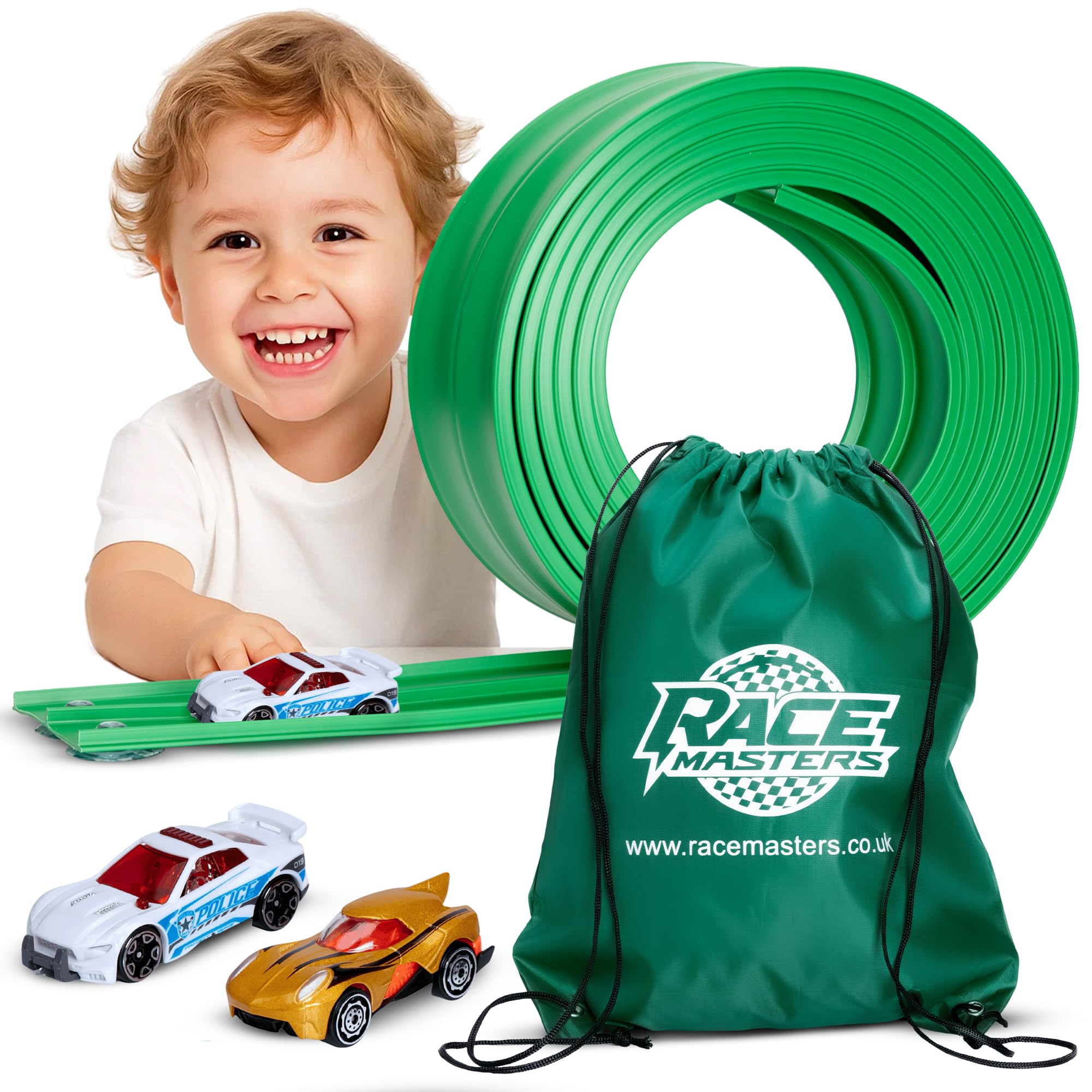 FlexiTrack  4m Flexible Two-Lane Die-Cast Car Track Toy | Includes 2 Race Cars & Storage Bag | Mounts on Windows, Doors & Walls | STEM Toy for 3+ Year Old Kids | Tool-Free Setup | Made in the UK