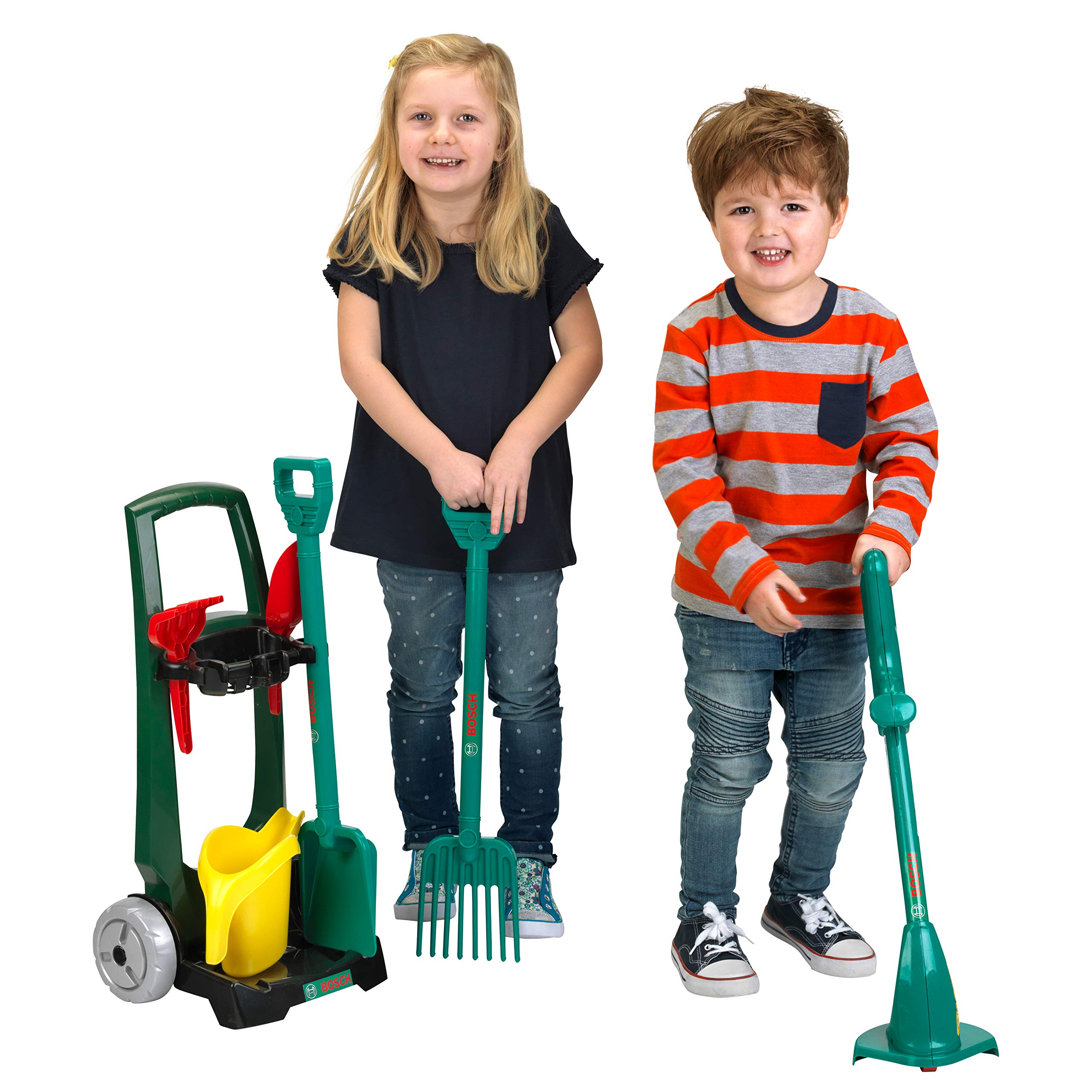 Theo Klein 2751 Bosch Garten 7-teiliger Gartenwagen I Set mit hochwertigen Garten-Geräten für Kinder I Inkl. Rasentrimmer u.v.m. I Anti-UV I Spielzeug für Kinder ab 3 Jahren