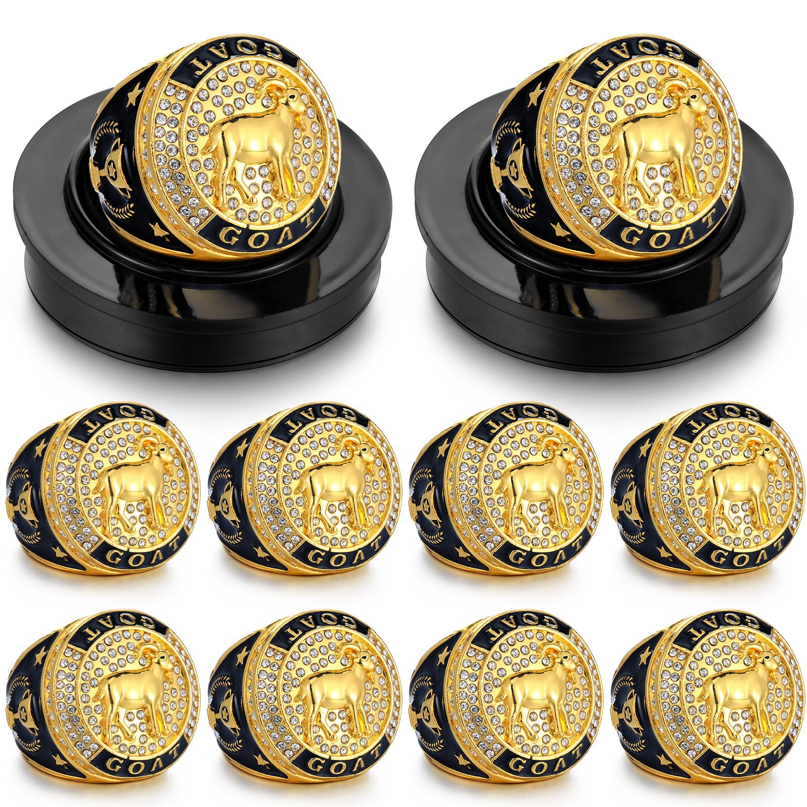 Highergo 10 Pcs Goat Championship Trophy Ring with Display Neck Chain and Stand Goat Medal Award Gift Greatest of All Time for Tournament or League Champion Winner Sports Award (Classic)