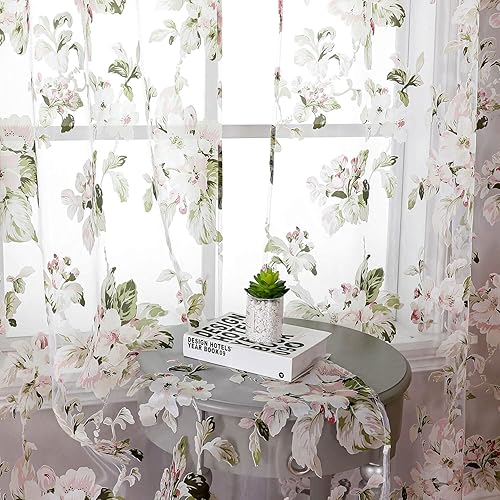 Miniatura 7 de BROSHAN Cortinas transparentes con estampado floral, bonitas cortinas de flores rosas con patrón de hojas verdes salvia, juego de 2 cortinas de tul