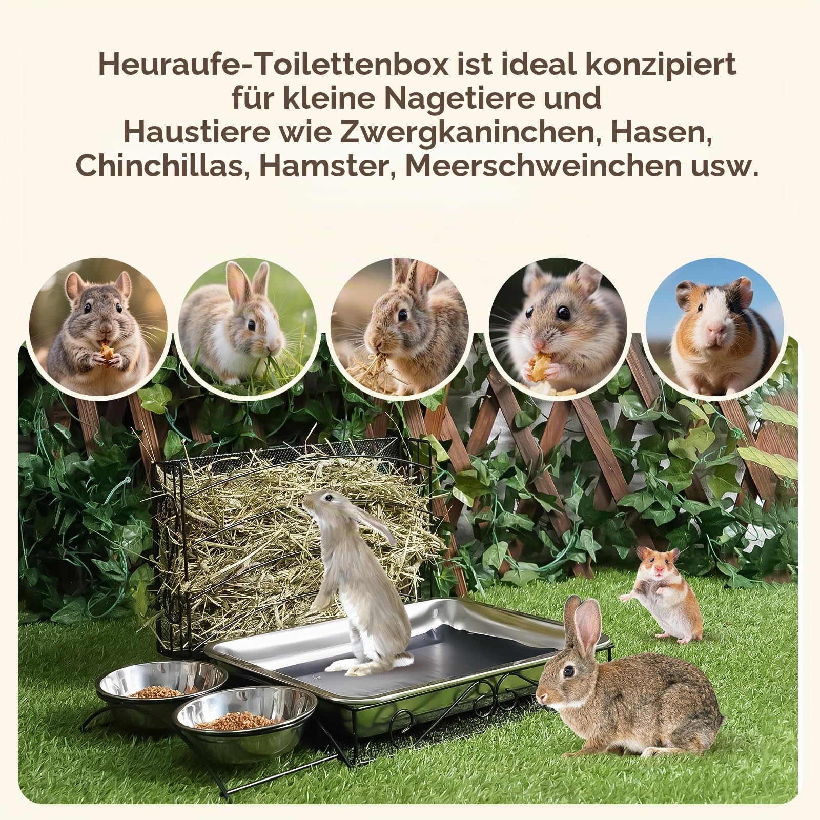 3 in 1 Kaninchen Heu Futterstation mit Edelstahl Katzentoilette und 2 Stucks Futternäpfe für Haustiere Heuraufe für Kleine Haustiere Kaninchen Hamster Meerschweinchen