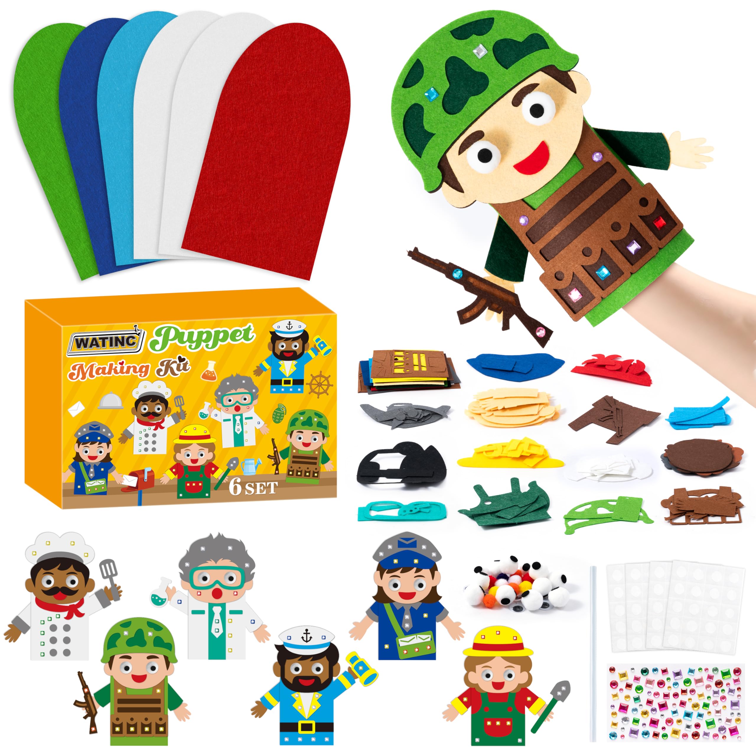 WATINC 6Pcs Hand Puppet Making Kit, Art Craft Felt Sock Puppet Toys