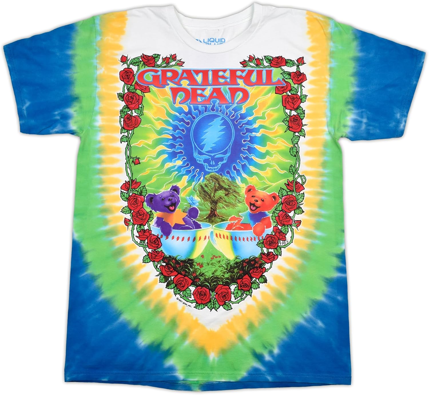 Liquid Blue Scarlet Fire Vintage Band Tee – Grateful Dead T-Shirt, Psychedelic Rose & Skull Concert Shirt for Men