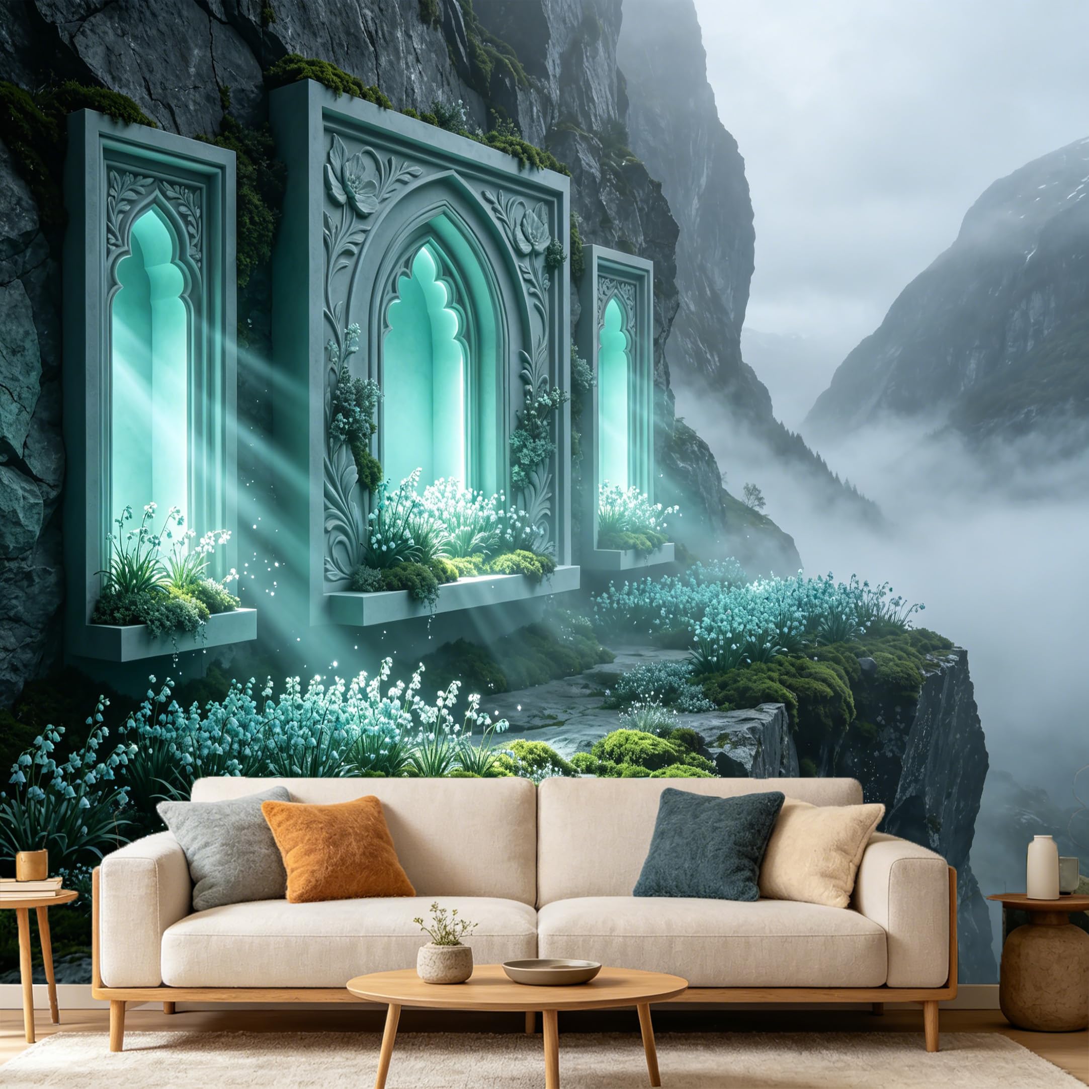 Custom Size Wall Mural， 3D Stone Archway Foggy Mountain Cliff Botanical Landscape， SelfAdhesive Art Prints wall Fabric Removable Large Wallpaper Home Living Room Decor