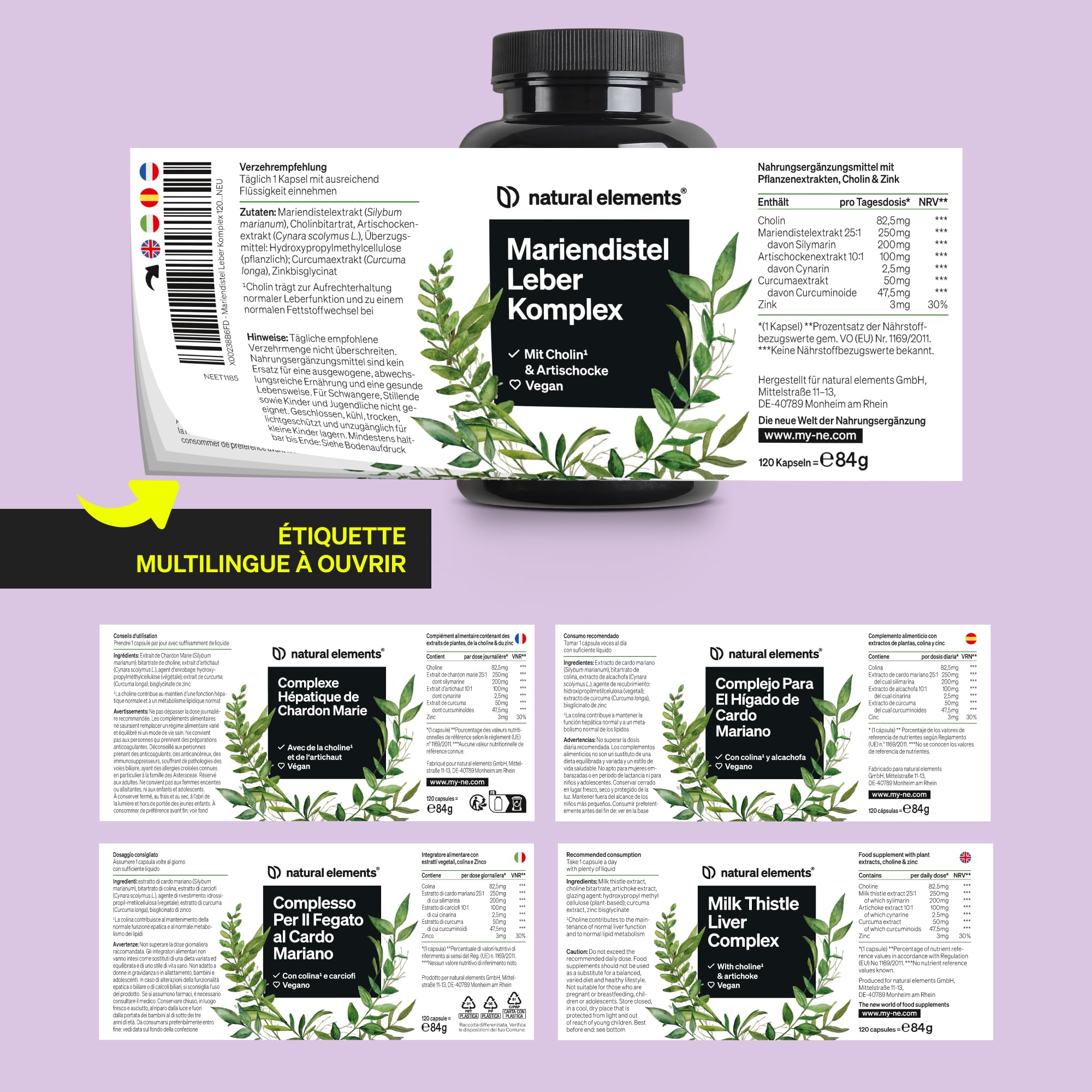 Complexe au chardon-Marie pour le foie – 120 capsules – chardon-Marie, choline, extrait d'artichaut, curcuma & zinc – cure du foie vegan & généreusement dosée – contrôlé et produit en Allemagne