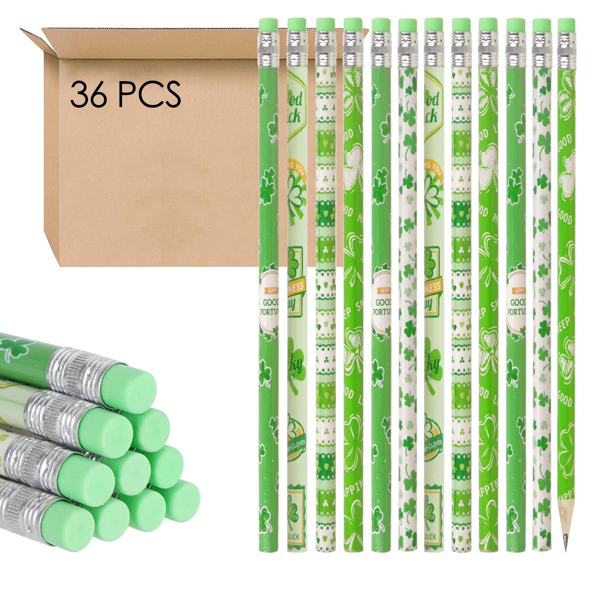 Lápices para el día de San Patricio a granel, lápices del día de San Patricio, lápices de la serie temática de trébol, lápiz de madera HB con borrador, perfecto para recuerdos de fiesta,