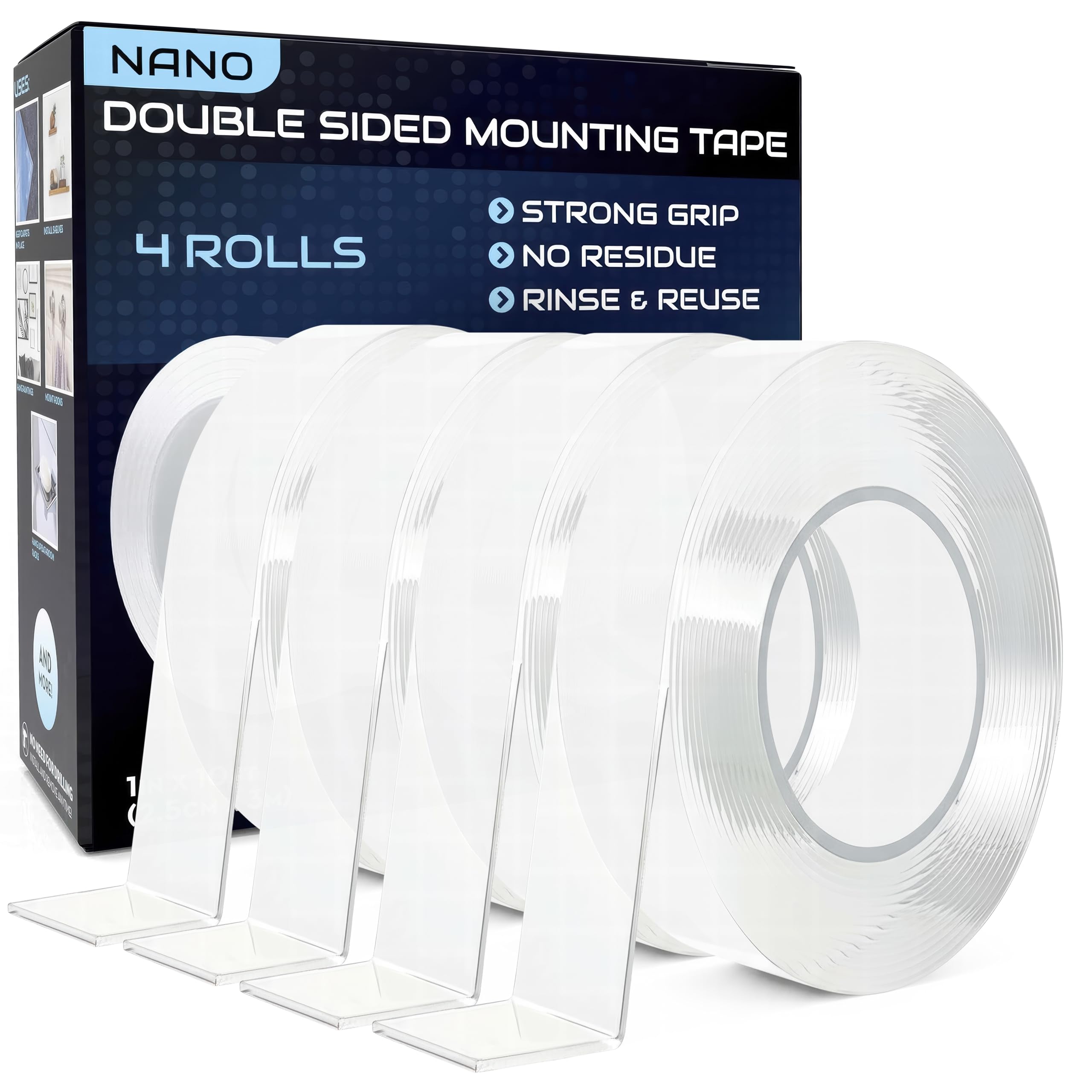 Lockport Nano Tape Double Sided Tape Heavy Duty Hanging - 4 Pack - 1 in x 10 Ft Each - Magic Clear Adhesive Perfect for Walls, Wood, Tile, Plastic, Pictures & Metal Surfaces - Strong Grip