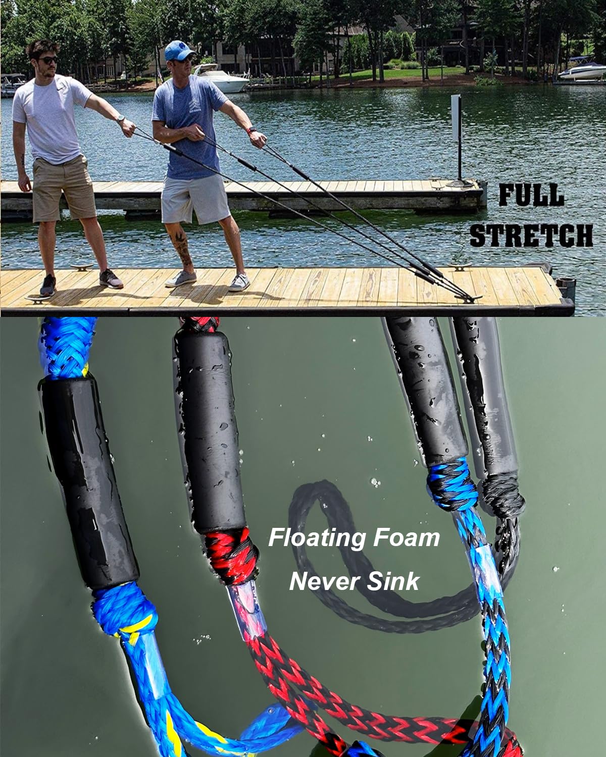 2 x Dockleine, 60 cm, Premium-Bungee-Bootsleinen mit 316er-Edelstahl-Clip (blau + gelb, 7,6 m)