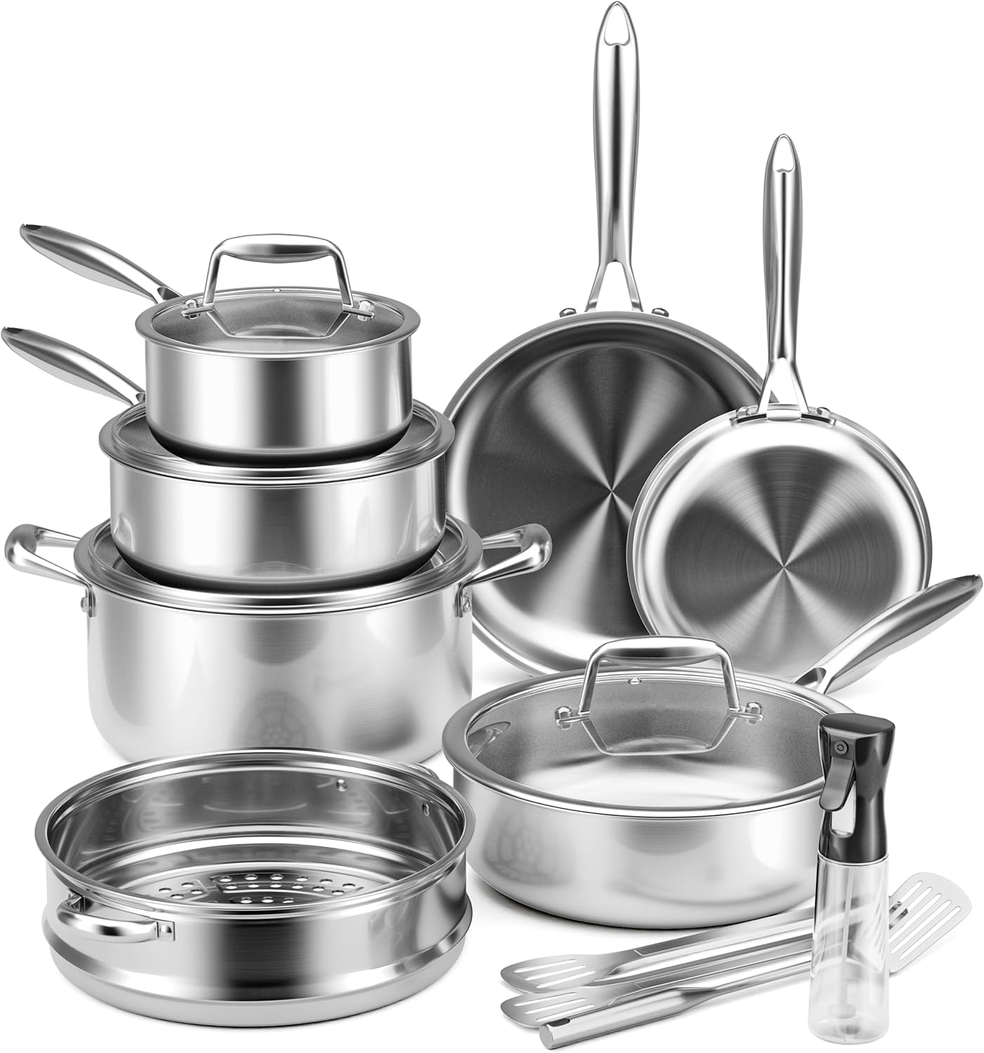 Stainless Steel Cookware Set - VONIKI Tri-ply Stainless Pots And Pans Set with Steamer Basket, Non Toxic Induction Cookware, Kitchen Cookware Sets PFOA & PTFE Free, Dishwasher and Oven Safe Smooth