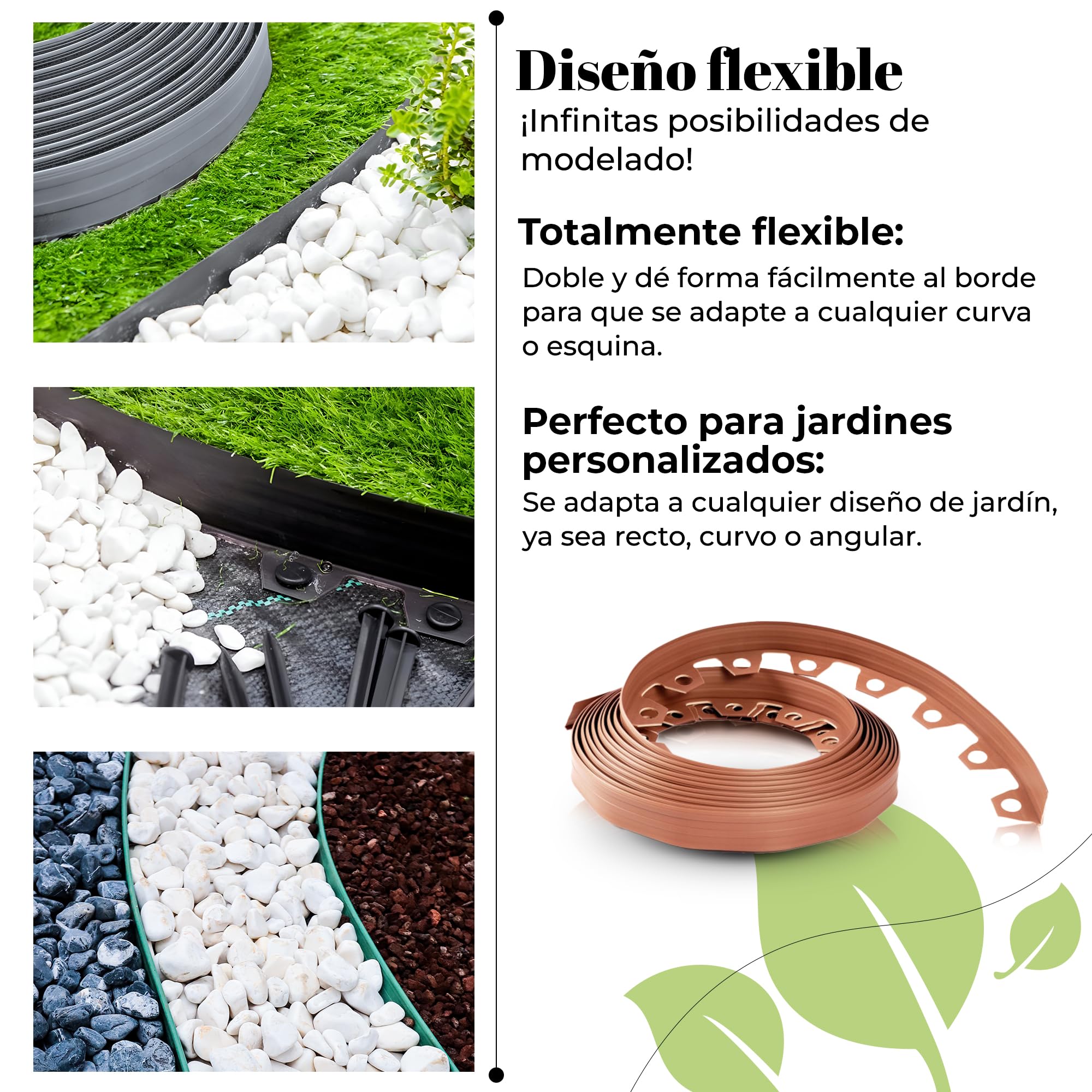 GARDENIX Borde de césped de plástico Flexible LineBORDER, 20 Anclajes de Suelo, Longitud 10 m, Altura 4 cm, Gris Claro