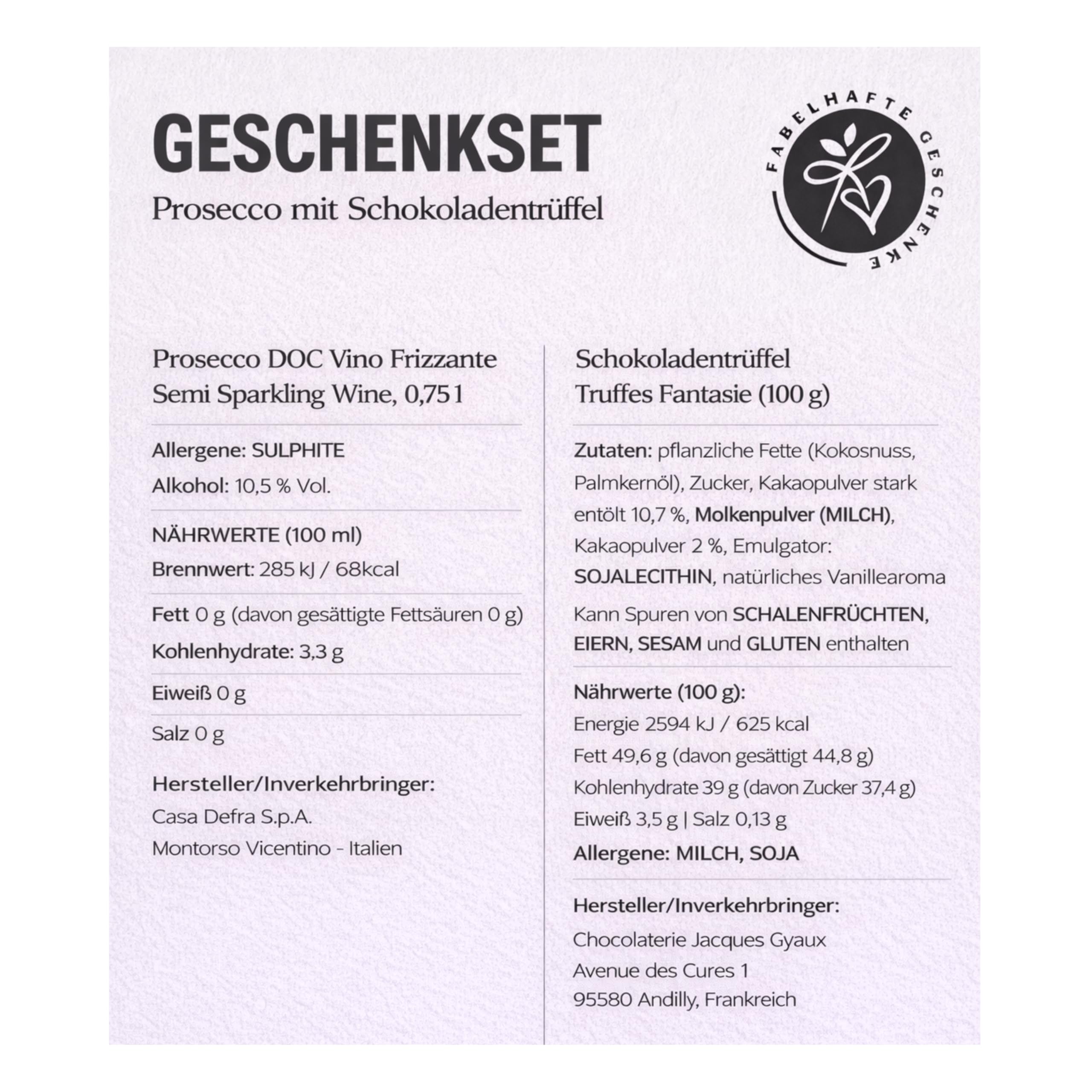 Geschenkset Prosecco DOC mit Schokoladentrüffeln Präsentverpackung