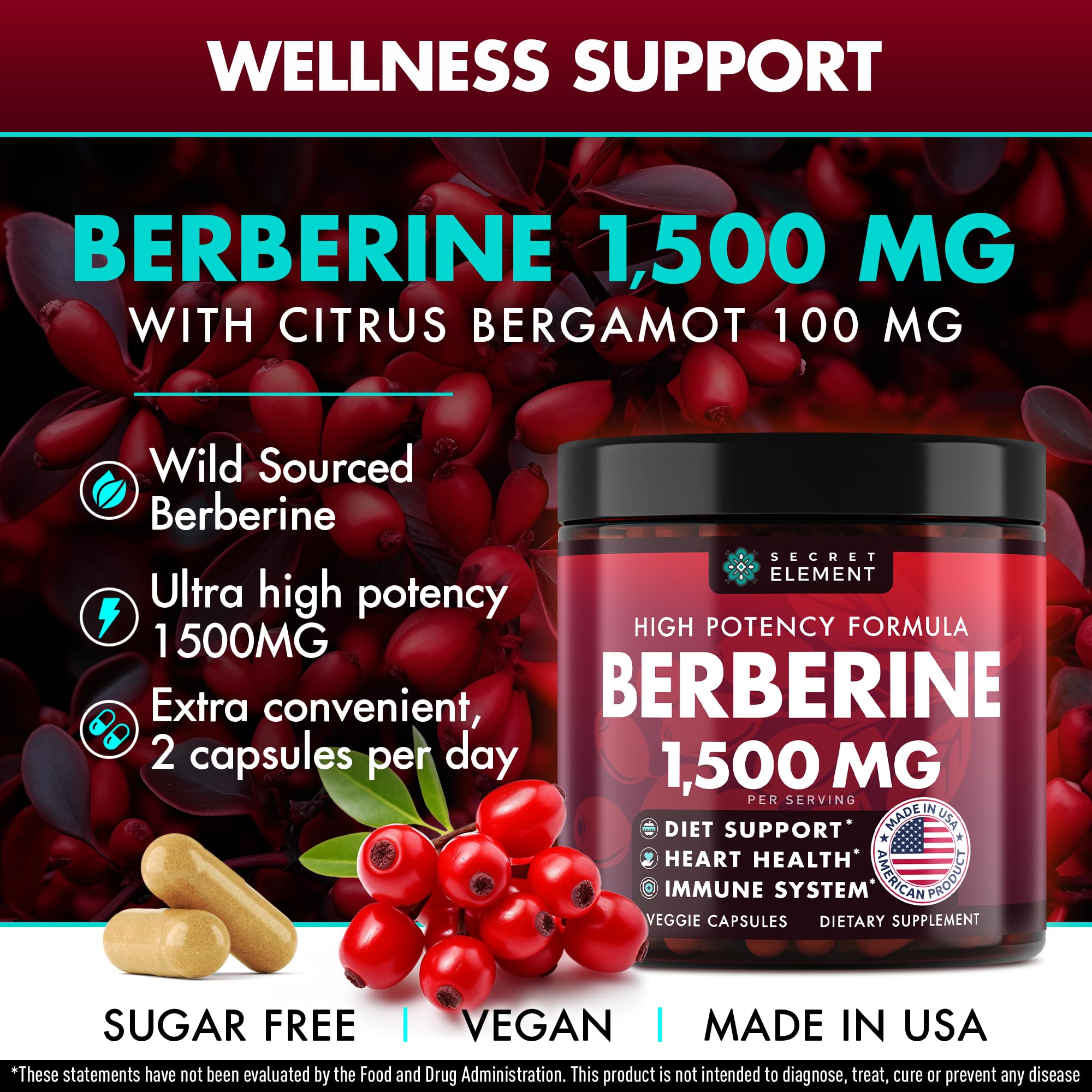 Berberine HCL Supplement 1500 mg, High Potency Vegan Capsules with Beet Root, Citrus Bergamot & Black Currant, Non-GMO, 180 Capsules
