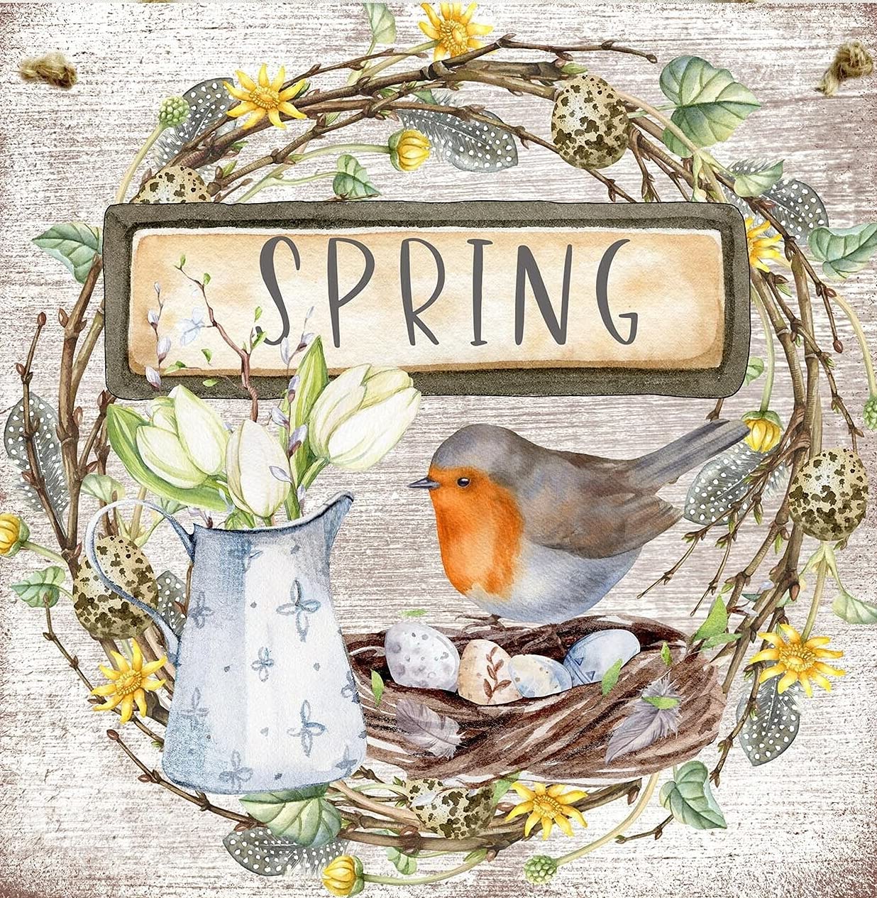 Cartello In Metallo Vintage Primavera Con Uccellino Robin E Nido - 20,3 X 30,5 Cm, Per Decorazione Parete
