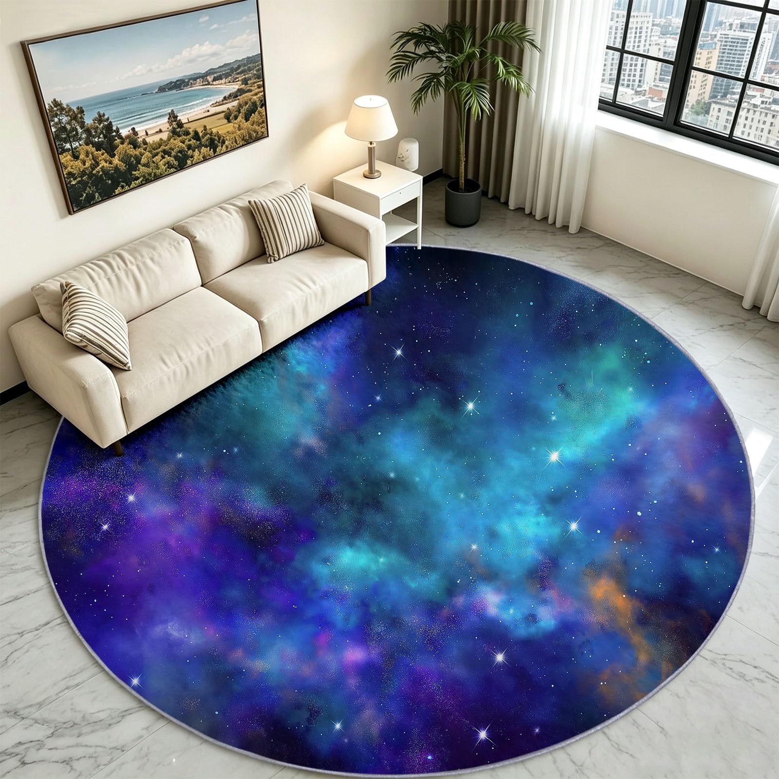 Fantasy - Alfombra redonda antideslizante lavable para salón, color azul