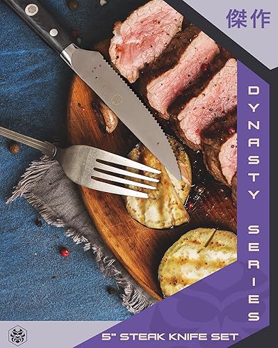 Miniatura 6 de KESSAKU Juego de 4 cuchillos para carne de 5 pulgadas, serie Dynasty, acero forjado ThyssenKrupp alemán HC - Mango G10 con protectores de hoja