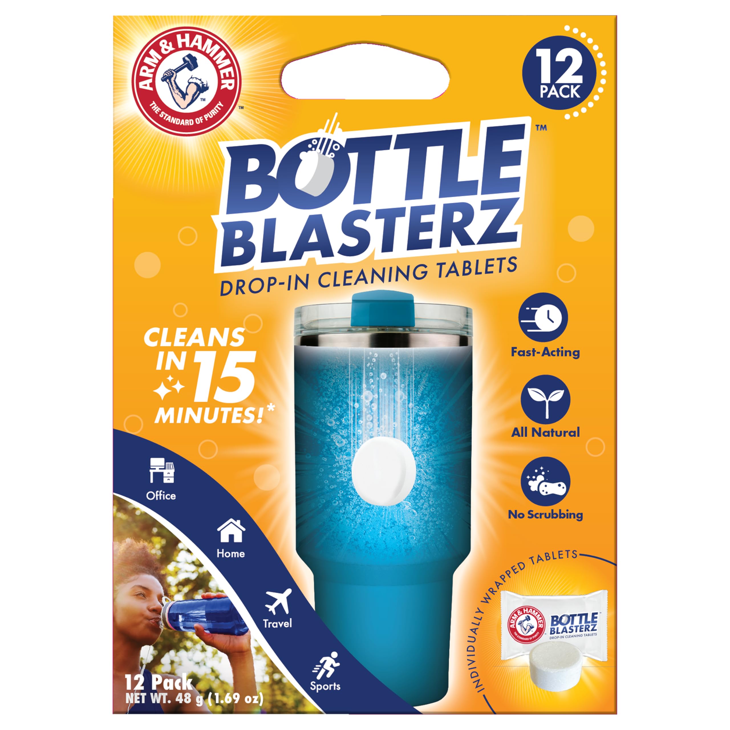 Arm & Hammer Bottle Blasterz - Drop-In Cleaning Tablets - Perfect for Water Bottles, Tumblers, and Coolers - All-Natural Ingredients, Eliminates Odors, Fast-Acting, Individually Packed (12 Count)[Amazon-developed Certification] Compact by Design