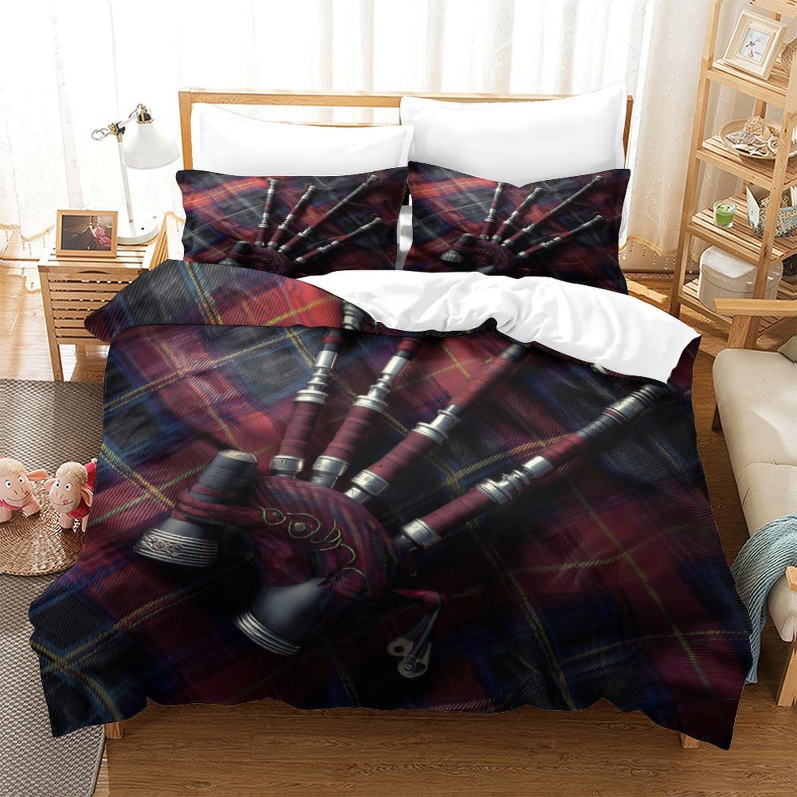 cornemuses écossaises Impression 3D 3 pièces Housse de lit Instrument Celtique Traditionnel Housse de Couette Microfibre Doux Respirant pour garçons Adolescents Femmes Double（200x200cm）