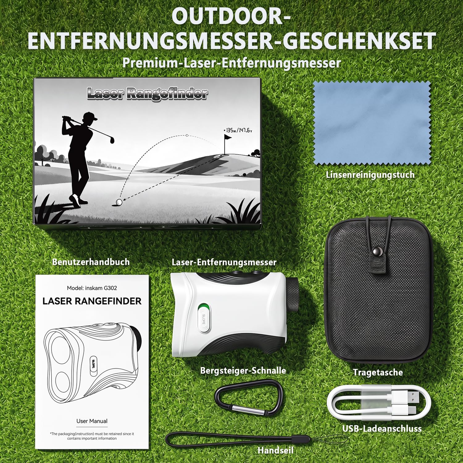 SKYBASIC Laser Golf Entfernungsmesser 1200 Yards, 7X Vergrößerung mit Slope, Flag-Lock, ±1m Genauigkeit, IP54 wasserdicht, magnetisch, USB-C aufladbar, inkl. Tasche, Für Golf & Jagd
