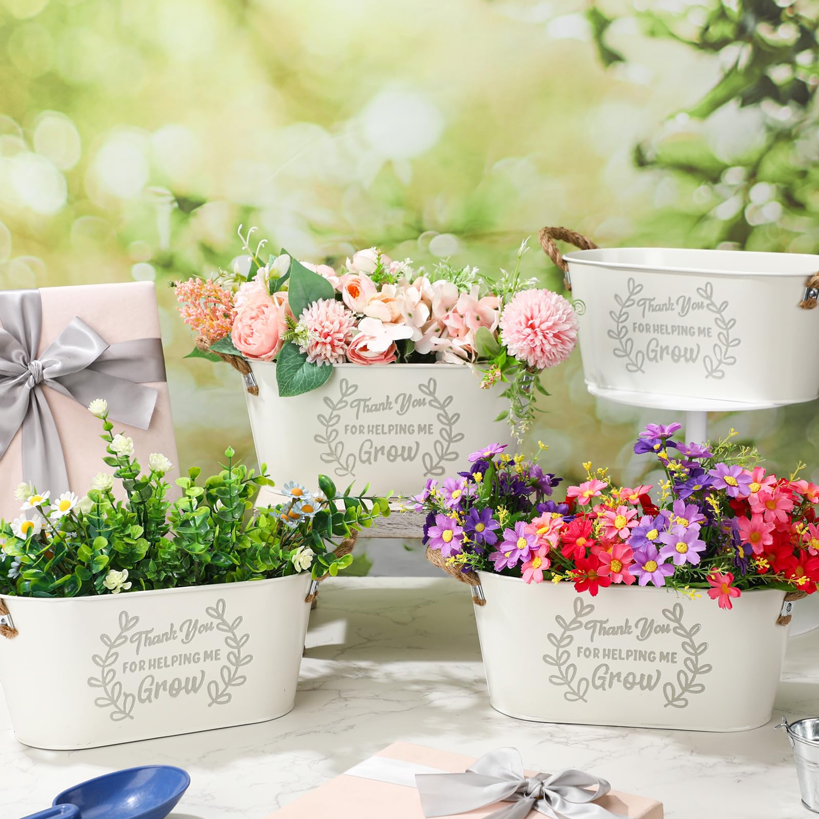 4 macetas ovaladas de metal blanco con mango pequeño para regalo de jardinería, regalo para amantes de las plantas, agradecimiento por ayudarme a crecer, 4 unidades
