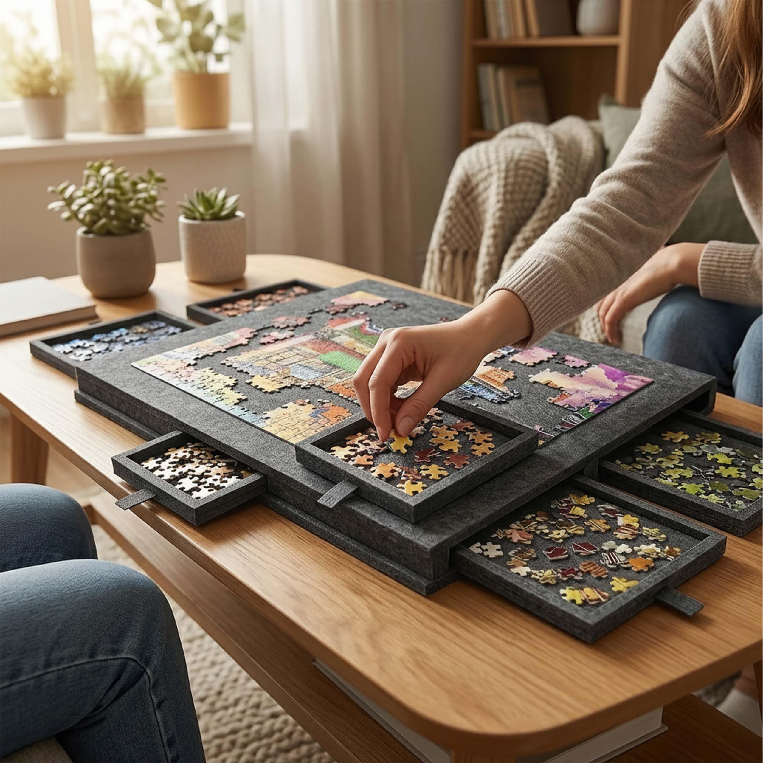 Relaxdays Plateau de puzzle 1 000 pièces, support inclinable, 6 tiroirs, feutre, housse, gris clair