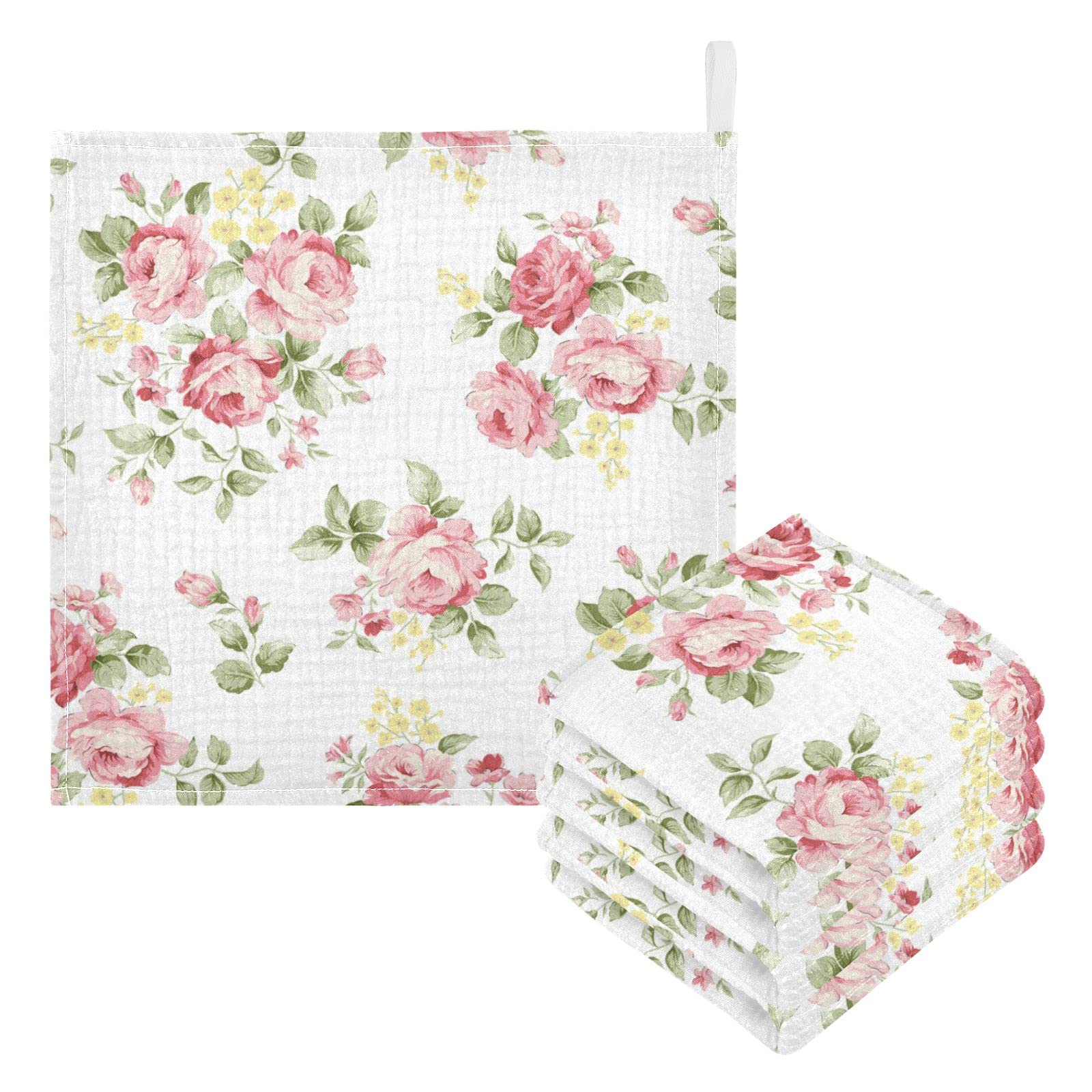 Bolaz Washcloths Set Bathroom Kitchen Wash Cloths Face Towels Wipes Pink Rose Flower Floral White Decorative 12x12 Inch 5 Pack