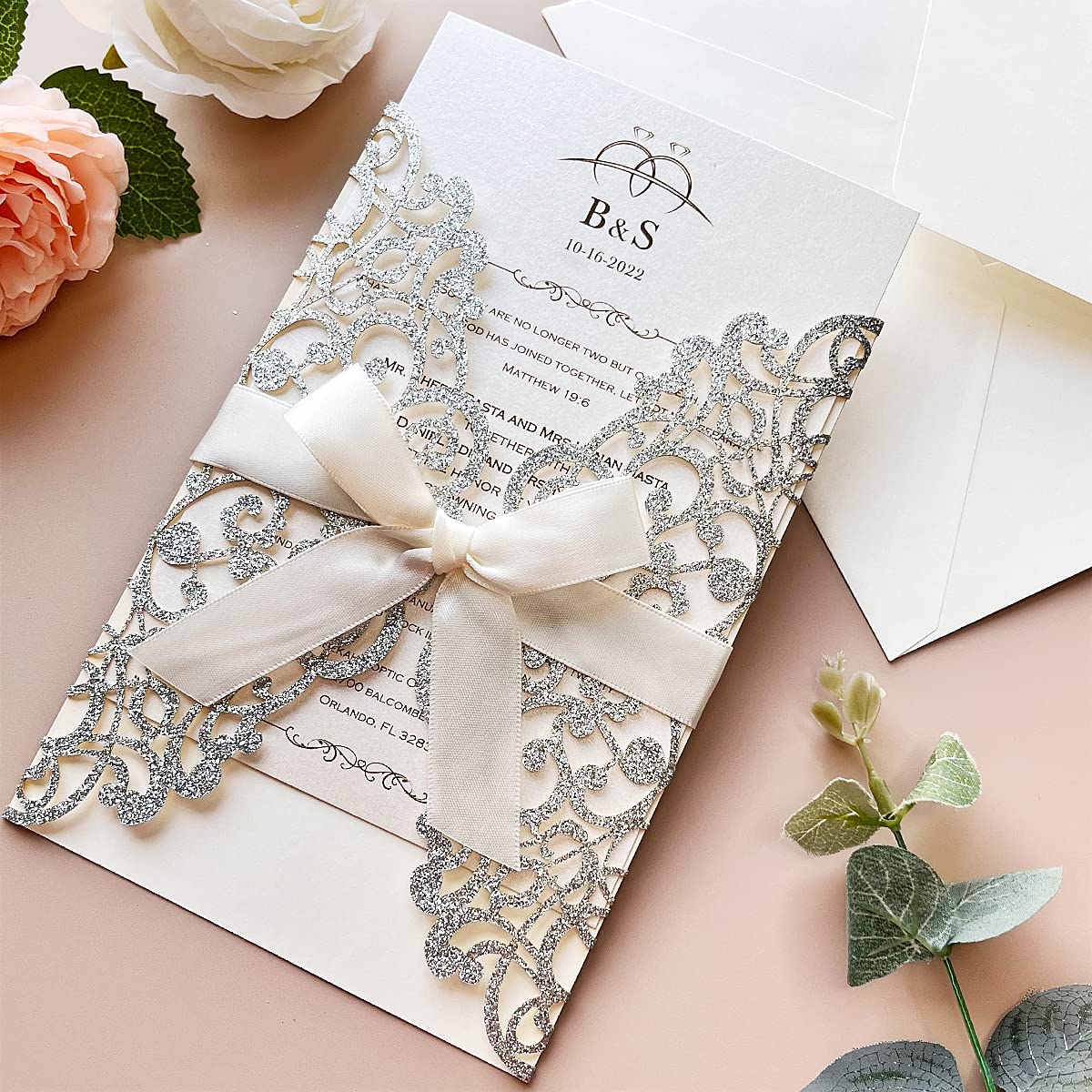 20PCS Hochzeitseinladungskarten mit Elfenbeinbändern und Umschlägen für Hochzeitsbrautduschen-Verlobungs-Geburtstags-Abschluss-Einladungen (Silber glitter)