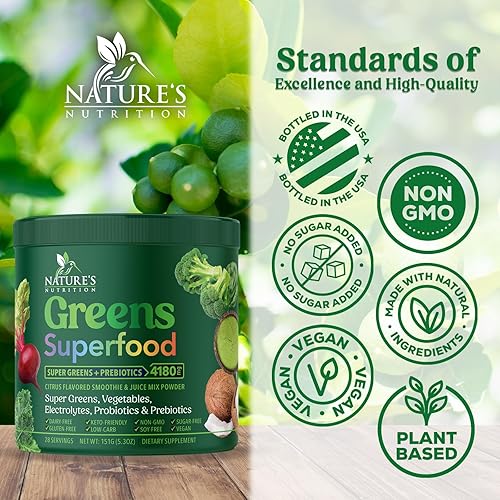 Miniatura 4 de Superalimento orgánico en polvo Super Greens - Mezcla de batidos de verduras orgánicas originales, antioxidantes y probióticos, espirulina,