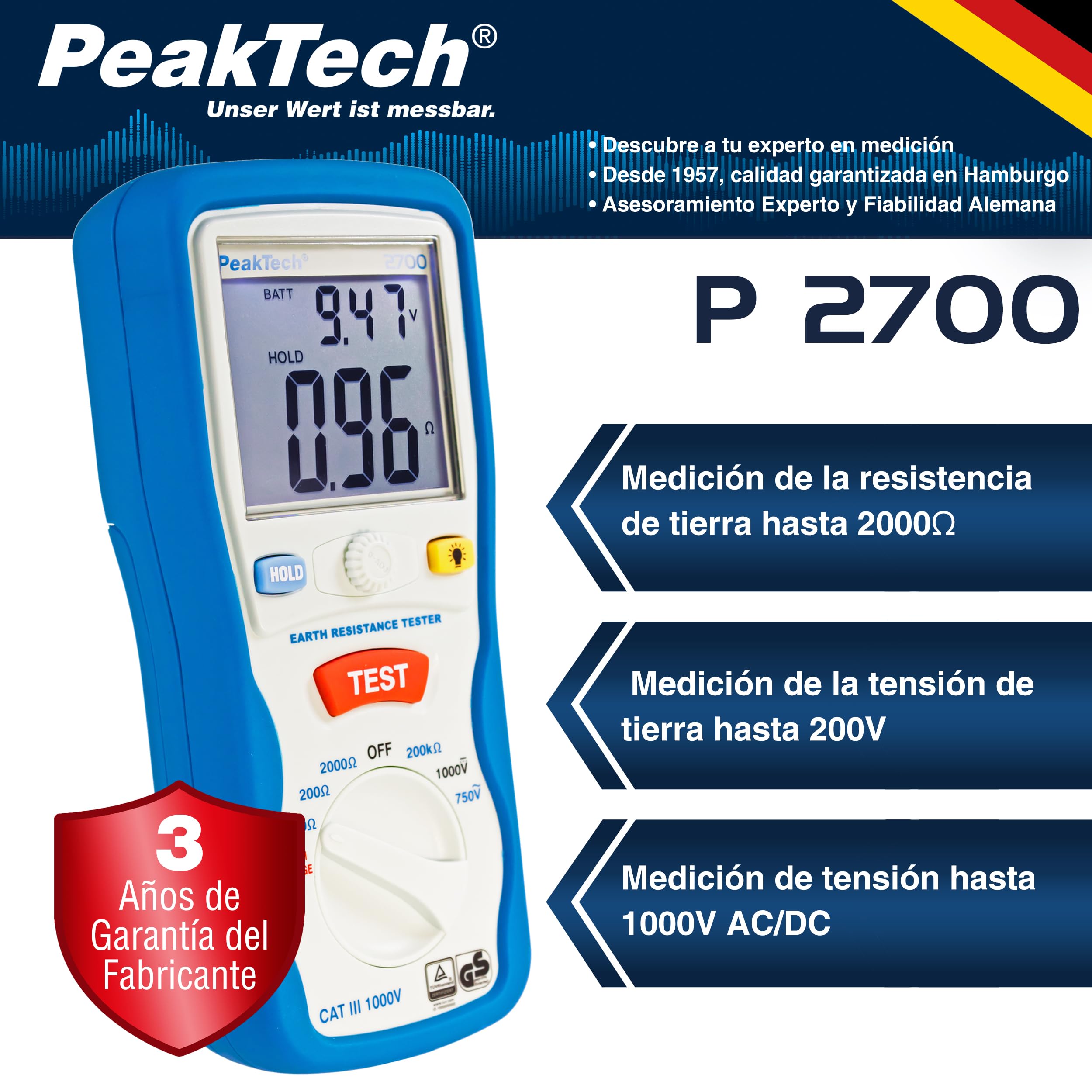 PeakTech 2700 - Probador Digital con Pantalla LCD Doble y 2 Varillas, Resistencia a Tierra, Ac/Dc, Tuv/Gs, Retención de Datos, Desconexión Automática, Puesta a Cero Automática - Cat III 1000 V