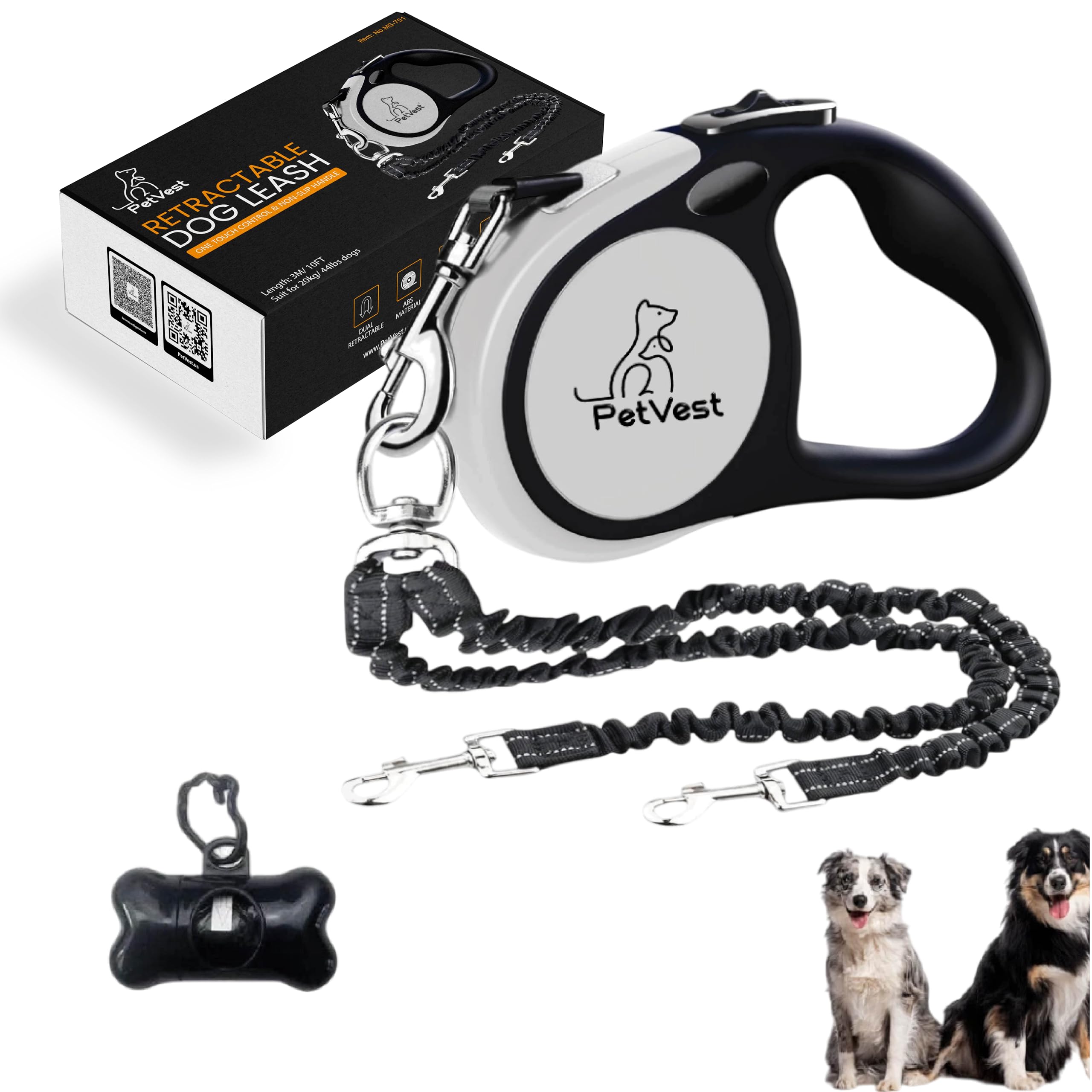 PetVest Dual Retractable Dog Leash,10 FT Tangle-Free Leash for 2 Dogs, Detachable for Single Use,One-Button Brake & Lock, Up to 44 lbs Each, 360°
