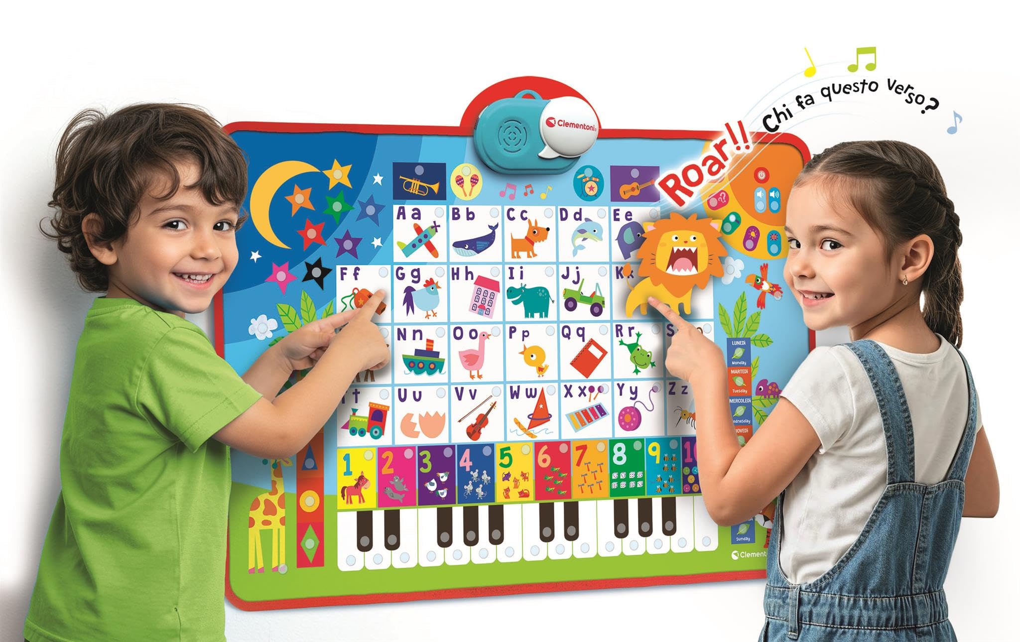 Clementoni - Sapientino Alfabeto Parlante, Poster Elettronico Educativo Bilingue Italiano Inglese per Bambini 3-5 Anni, 26 Lettere e Numeri Interattivi, Parole Musica e Quiz, 16665