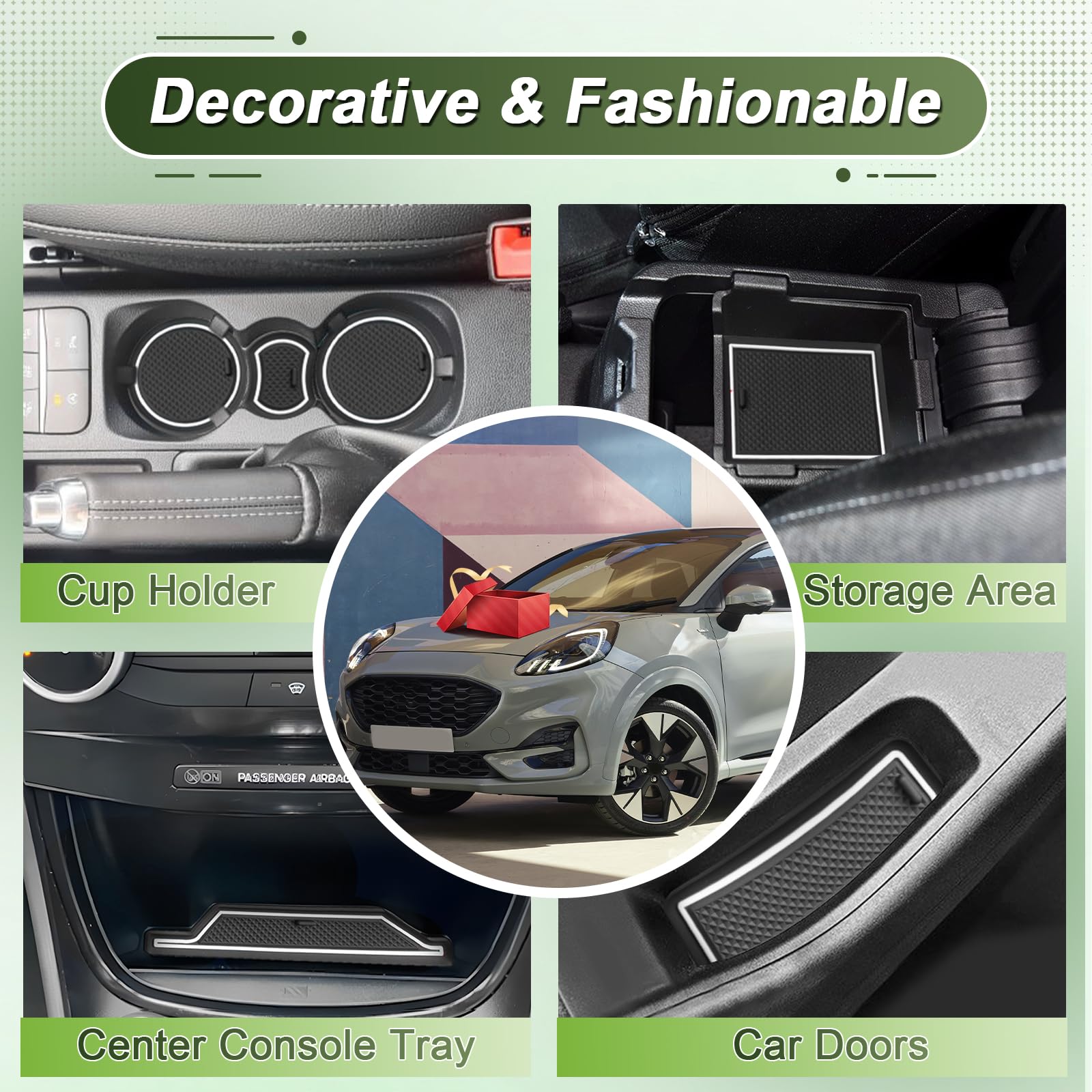 Compatibile con Ford Puma II 2020-2024 Tappetini Antiscivolo per Ford Puma ST ST-Line Titanium Tappetini in Gomma per Console Centrale, Porta Bicchieri, Scanalatura Porta (Bianco)
