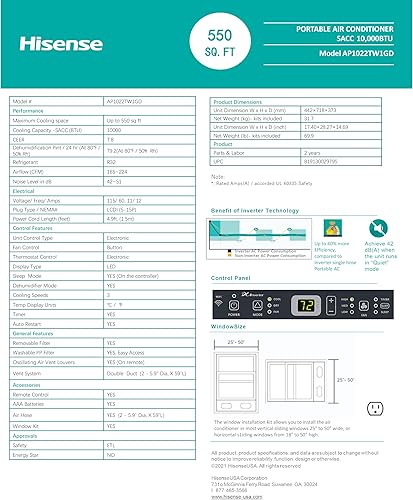 Miniatura 4 de Hisense 10,000-BTU DOE Inverter 115V 550-sq ft gris Wi-Fi portátil aire acondicionado con control remoto