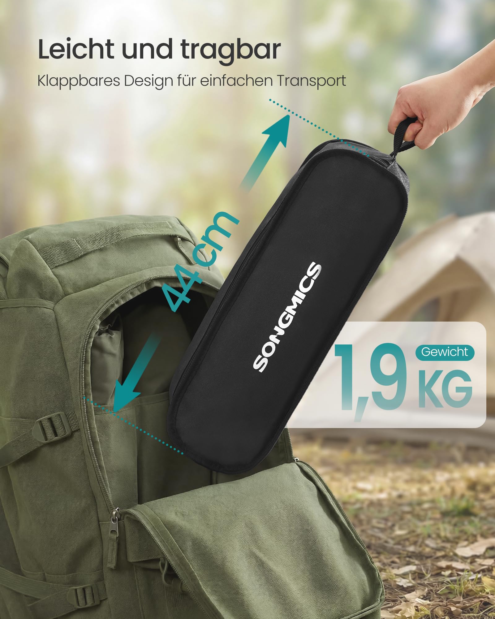 SONGMICS Campingstuhl, Strandstuhl hohe Rückenlehne, Gartenstuhl klappbar, höhenverstellbar, Stahlgestell, bis 150 kg belastbar, 2 Seitentaschen, Kopfstütze, Reisen, schwarz GCB051BZ01