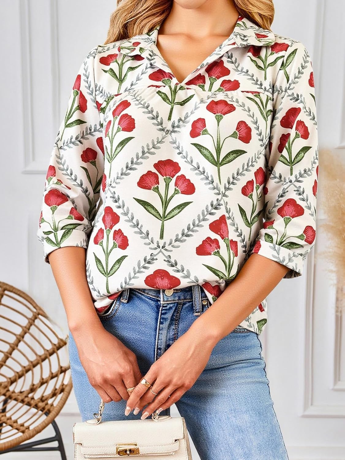 Women's Summer Floral Half Sleeve Blouse Cute Collar V Neck Boho Dressy Casual Tops - Image 4