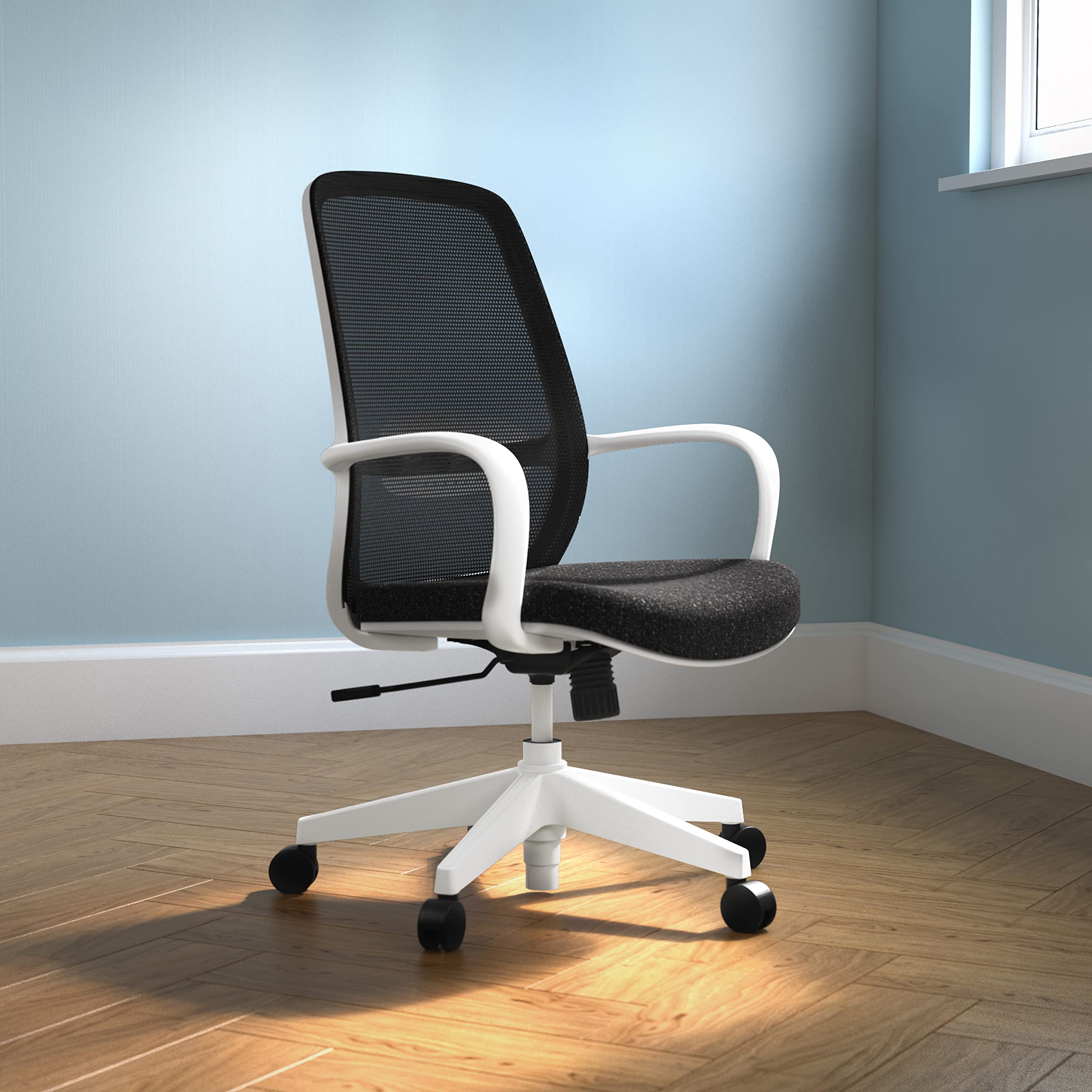 White Task Chair with Black Upholstered Seat and Mesh Back. Ideal Home Office Chair, Study Chair, Office Chair, CH1899WHBK