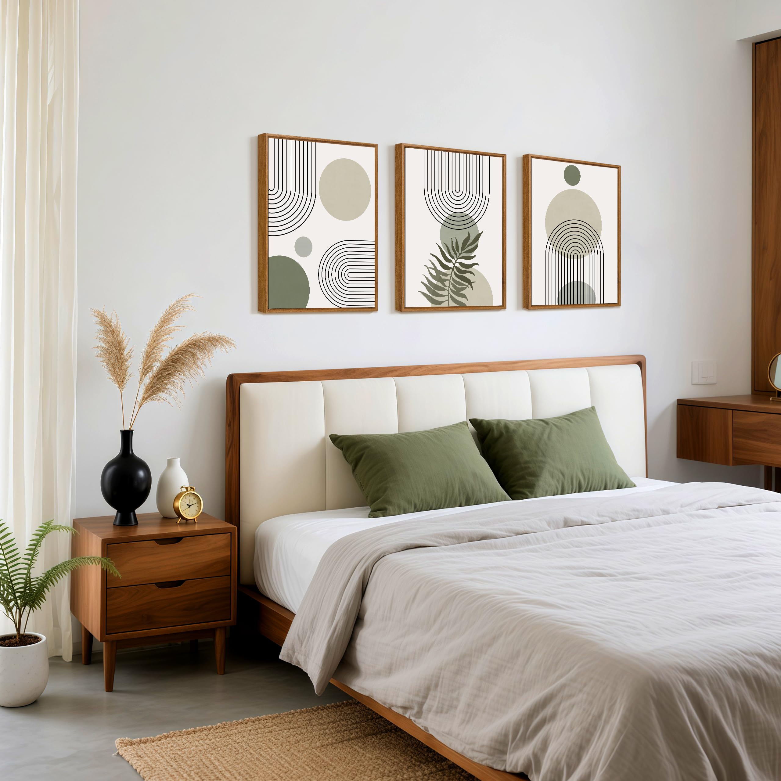 3 Pcs Wooden Framed Canvas Wall Art Set Bohemian Sage Green Canvas Prints Poster Geometric Line Beige Green Pictures for Living Room Bedroom Dinning Room Hallway Stairs Wall Decor 30x40cm x3pcs — view 409