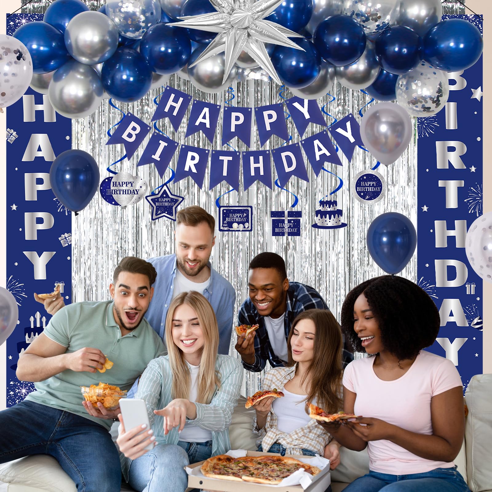 Decoraciones de cumpleaños azules para niños, hombres y mujeres, decoraciones de feliz cumpleaños, azul marino y plateado, globos de feliz cumpleaños, cubierta de mesa, cortina de flecos, pancarta de