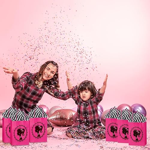 Miniatura 7 de 12 bolsas de regalo de princesa con papel de seda a rayas, color rosa intenso con asas, lindas bolsas de regalo para niñas para fiestas temáticas de