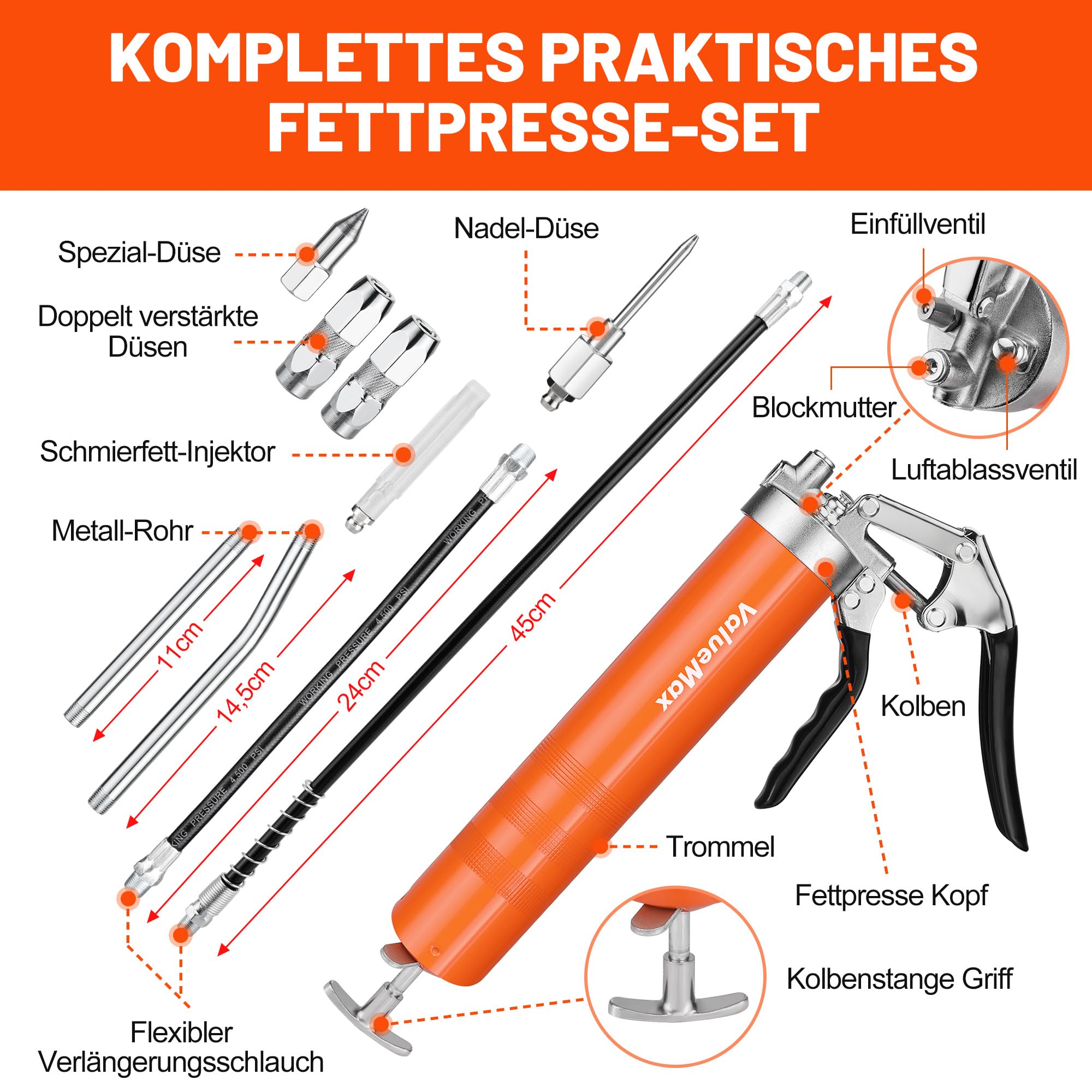 ValueMax Fettpresse 6000 PSI, Hochdruck-Handfettpresse mit 24/45 cm flexiblem Schlauch, Fettpresse für 400 ml Kartusche, inklusive 2 Metallrohre (11/14,5 cm) und 5 Düsen