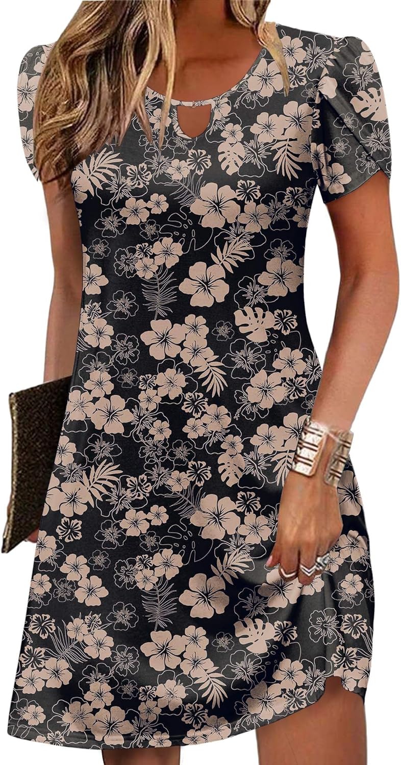 Zeagoo Women's Casual A-Line Dresses with Pockets Summer Floral Tshirt Dress Short Sleeve Mini Dress Flowy Sundresses