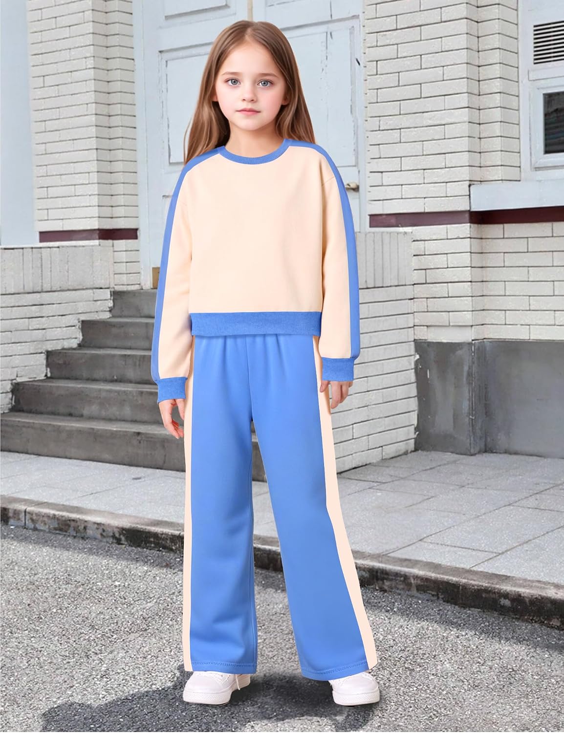 Hipea Girls Clothes 2 Piece Colorblock Clothing Set Long Sleeve Tops Wide Leg Pants Sweatsuits Fall Girls Outfits Size 6-14Y