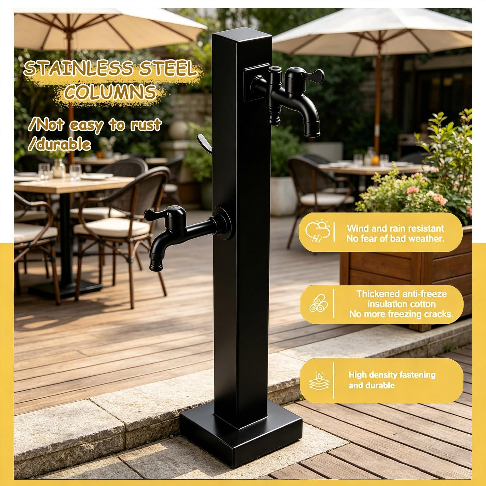 Hidrante de jardín al aire libre con grifo y pistola rociadora, columna de agua de jardín, soporte de manguera de grifo de doble salida, acero inoxidable para patio trasero