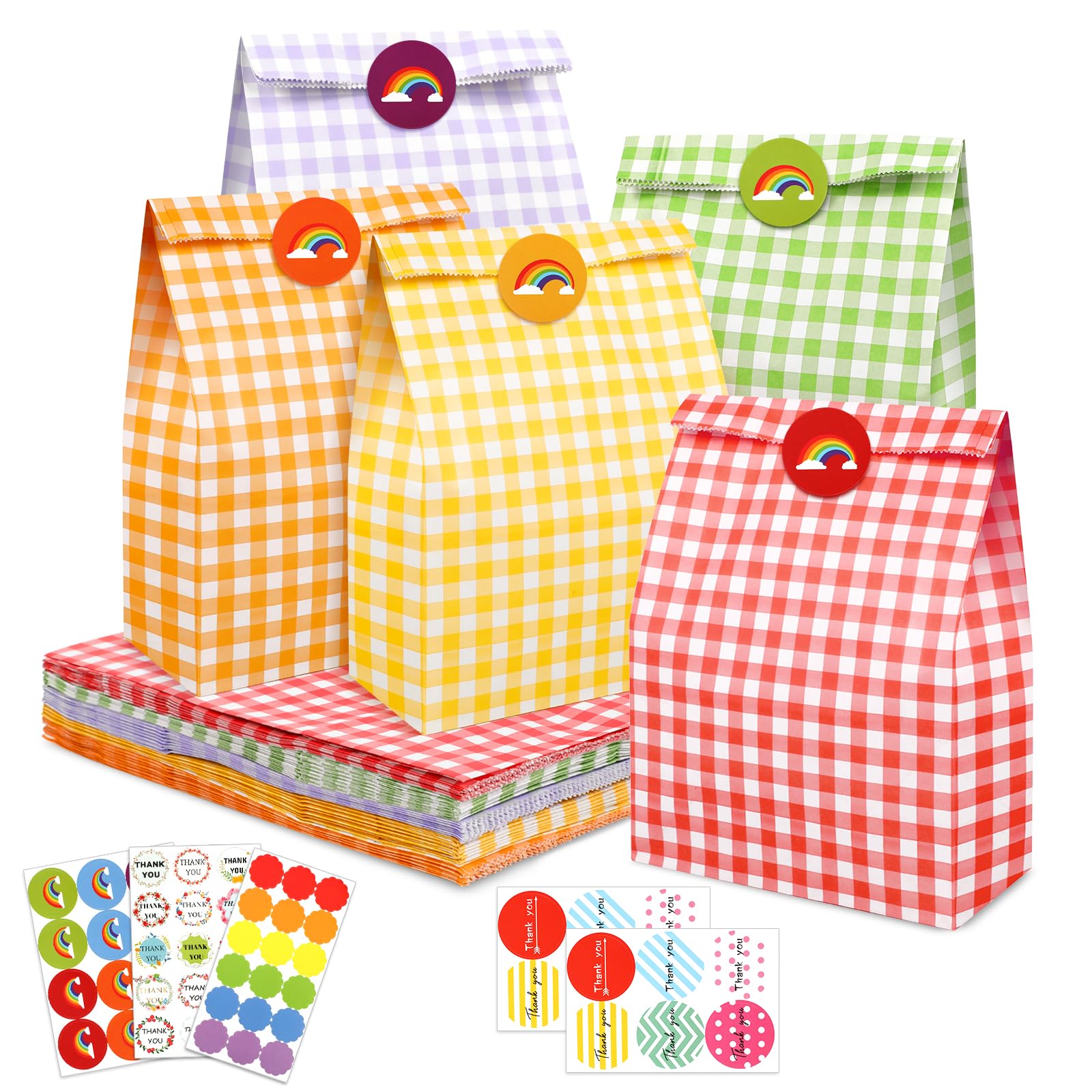 PHOGARY 40pcs Colorful Paper Party Bags, Small Birthday Gift Bags, Kraft Paper Bags with Stickers, Treat Goody Sweet Candy Bag for Kids Birthday, Baby Shower, Wedding Party Gift Wraping