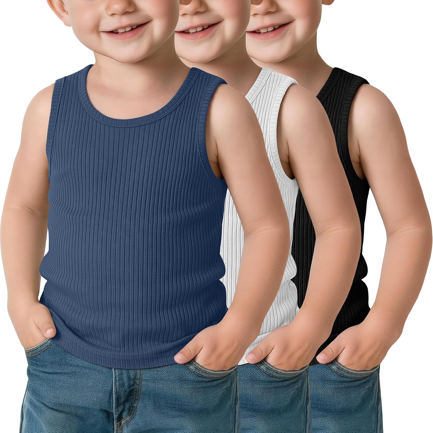 3 Pack Toddler Boys Tank Tops Ribbed Cotton Crew Neck Sleeveless T Shirts Baby Slim Fit Summer Undershirts 18M-5Y
