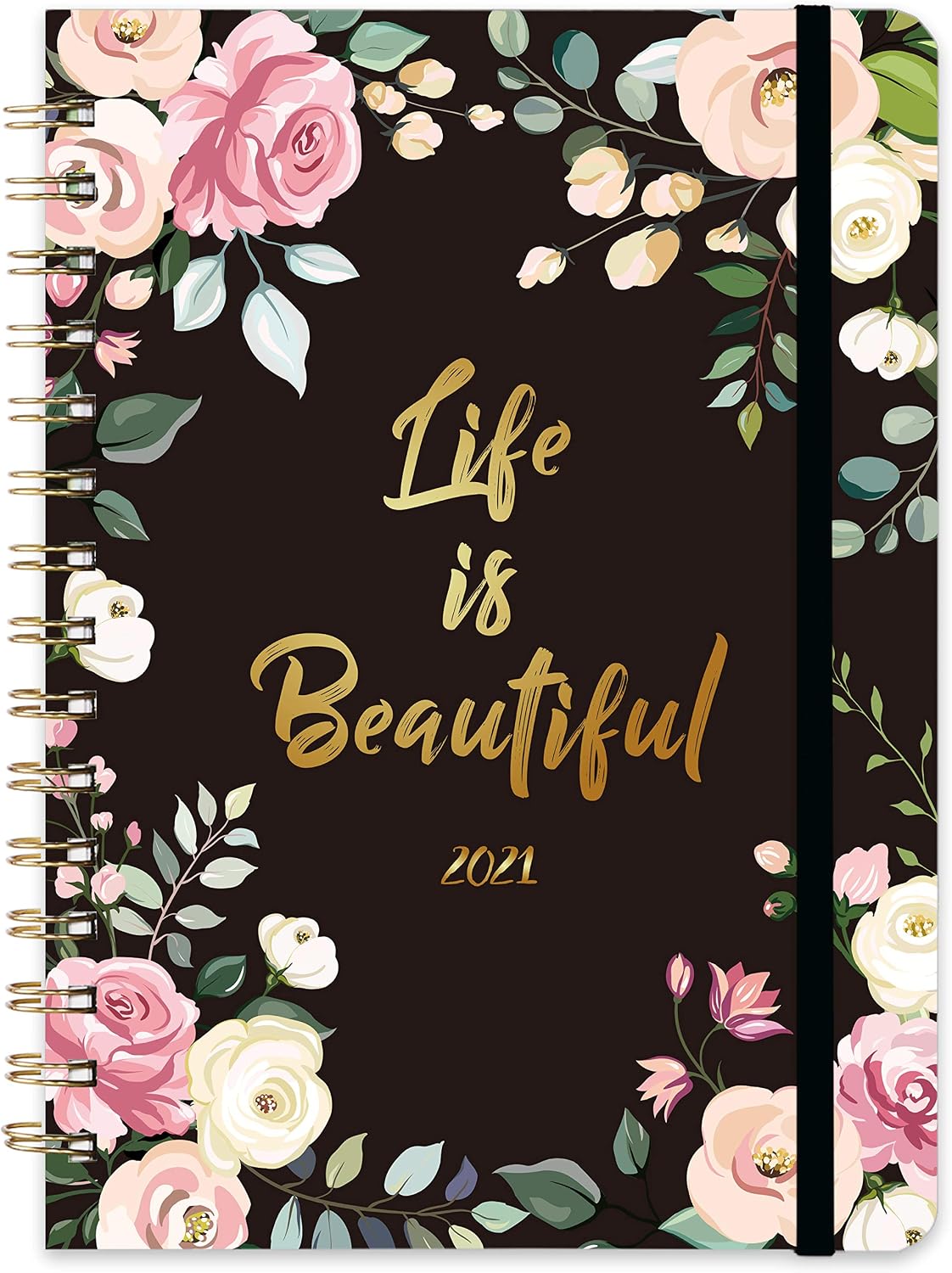 2021 planner - Weekly & Monthly Planner, 6.4" x 8.5", January 2021 - December 2021, Flexible Hardcover with Strong Golden Binding, Elastic Closure, Coated Tabs, Inner Pocket