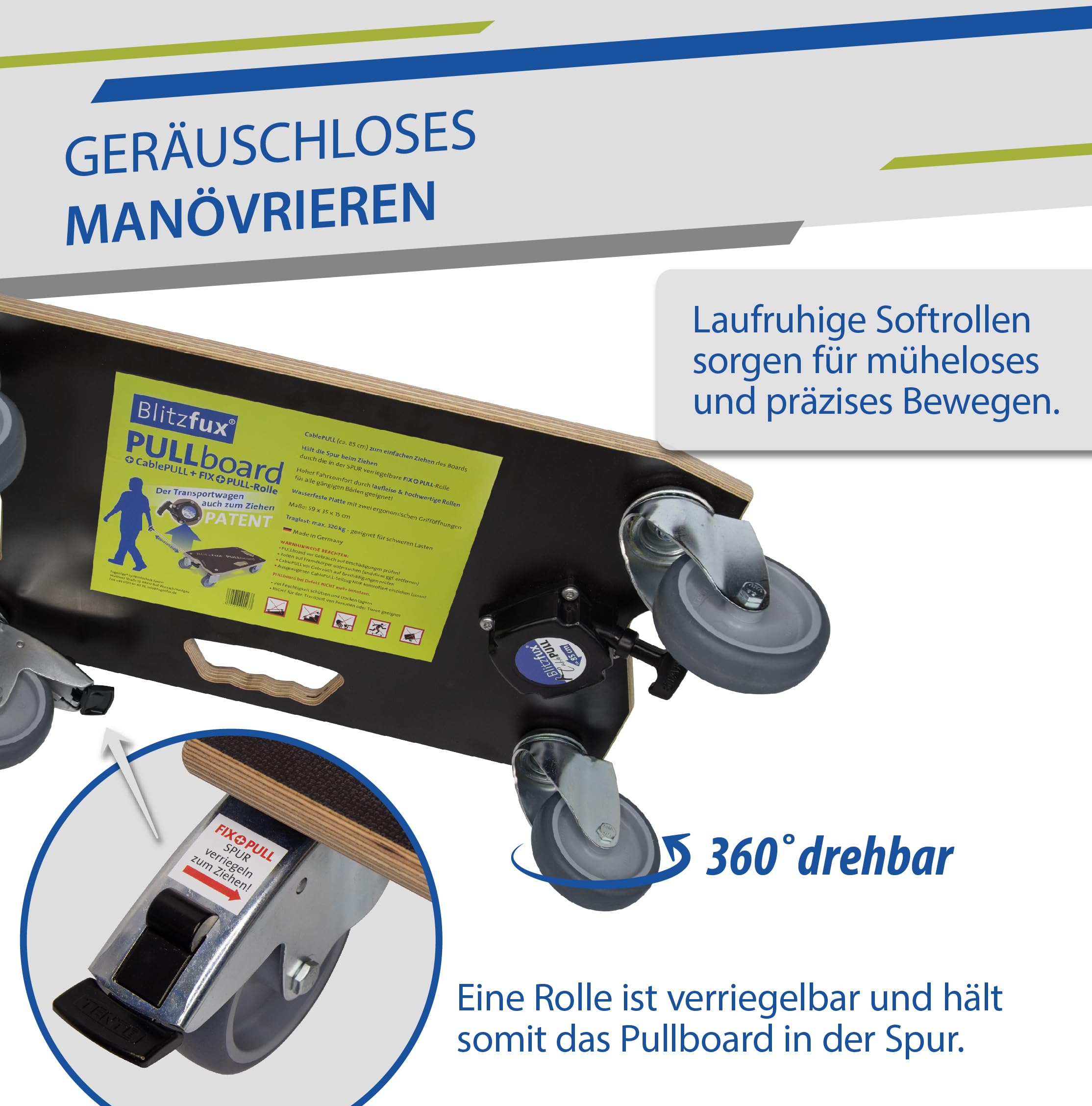 Pullboard Möbelroller mit 320 kg Traglast - Leicht & Stark - 4,7 kg Gewicht - Ergonomisches Design mit CablePULL Seilzug - Müheloser Transport mit Hochwertigen Lenkrollen - Made in Germany