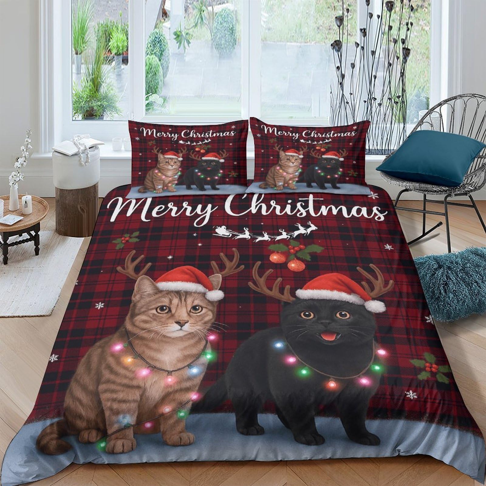GPLZQXKJNH 3D Printed Christmas Cat Duvet Cover Set Microfiber Soft Red Plaid Antler Quilt Cover with 2 Pillowcases for Bedroom Home Decor Single（135x200cm）