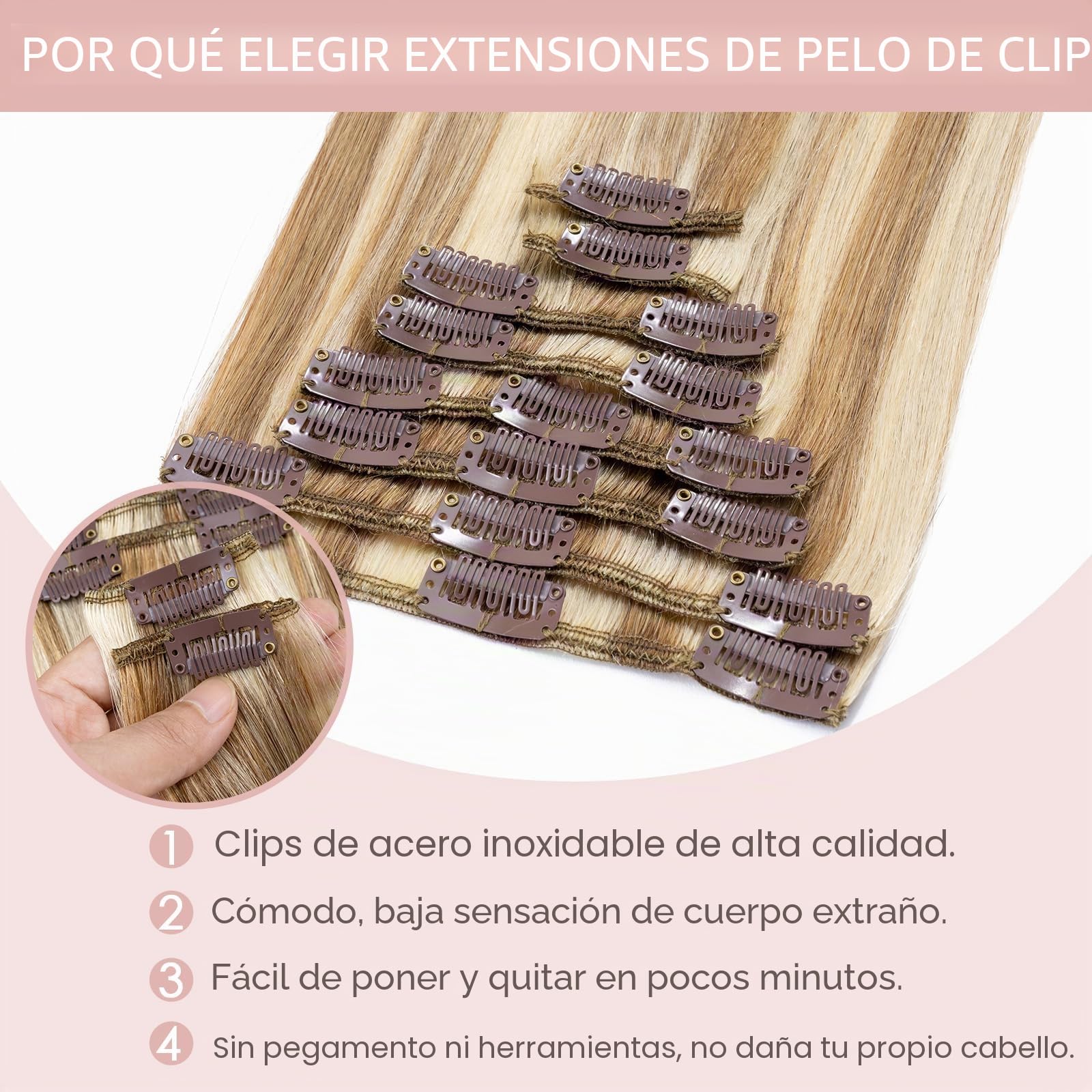 Silk-co Extensiones de Clip de Pelo Natural [8pcs 18 Clips] Cabello Humano 100% Remy Lisas Postizos Pelucas para Mujer Lisos Rectos 50cm(70g) 12P613# Marrón Dorado y Blanqueador Oscuro