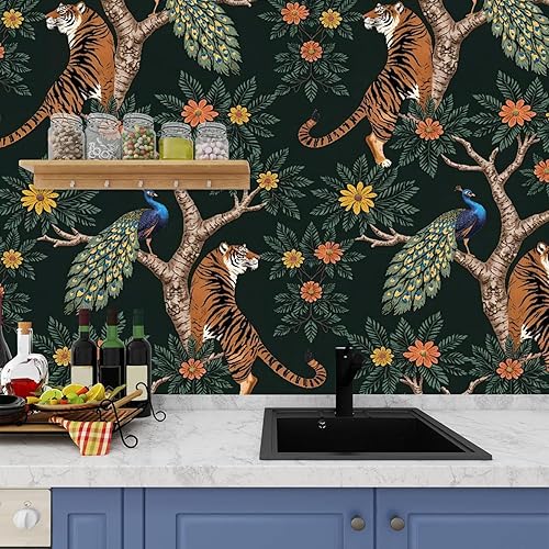 Miniatura 4 de Papel tapiz 3D tigre y pavo real, patrón sin costuras con tigre y pavo real en árbol con autoadhesivo para dormitorio, sala de estar, dormitorio,